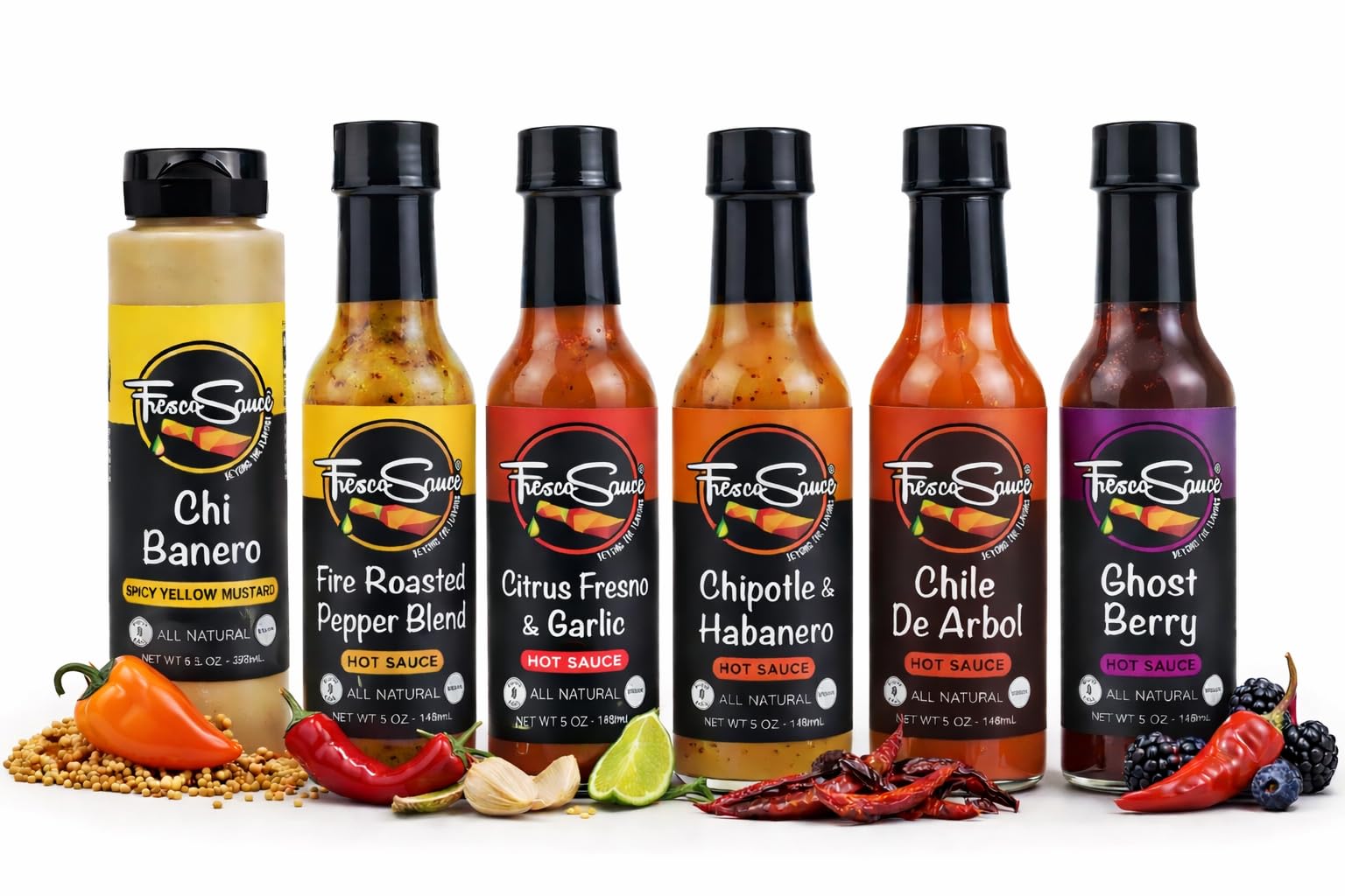 Hot Sauce Bundel by Fresco Sauce 6 Pack- Chi banero Spicy Yellow Mustard - Fire Roasted Pepper Blend made with Jalapeno - Serrano - Citrus Fresno made