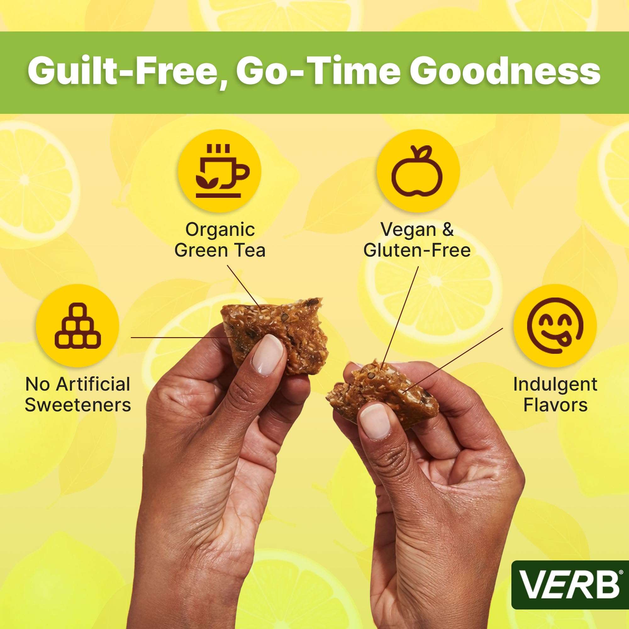 Verb Caffeinated Energy Bars Lemon (26g, Pack of 16) 110-Calorie Delicious Low Sugar Energy Bar - Vegan Gluten Free On-the Go Snack with 80mg Green
