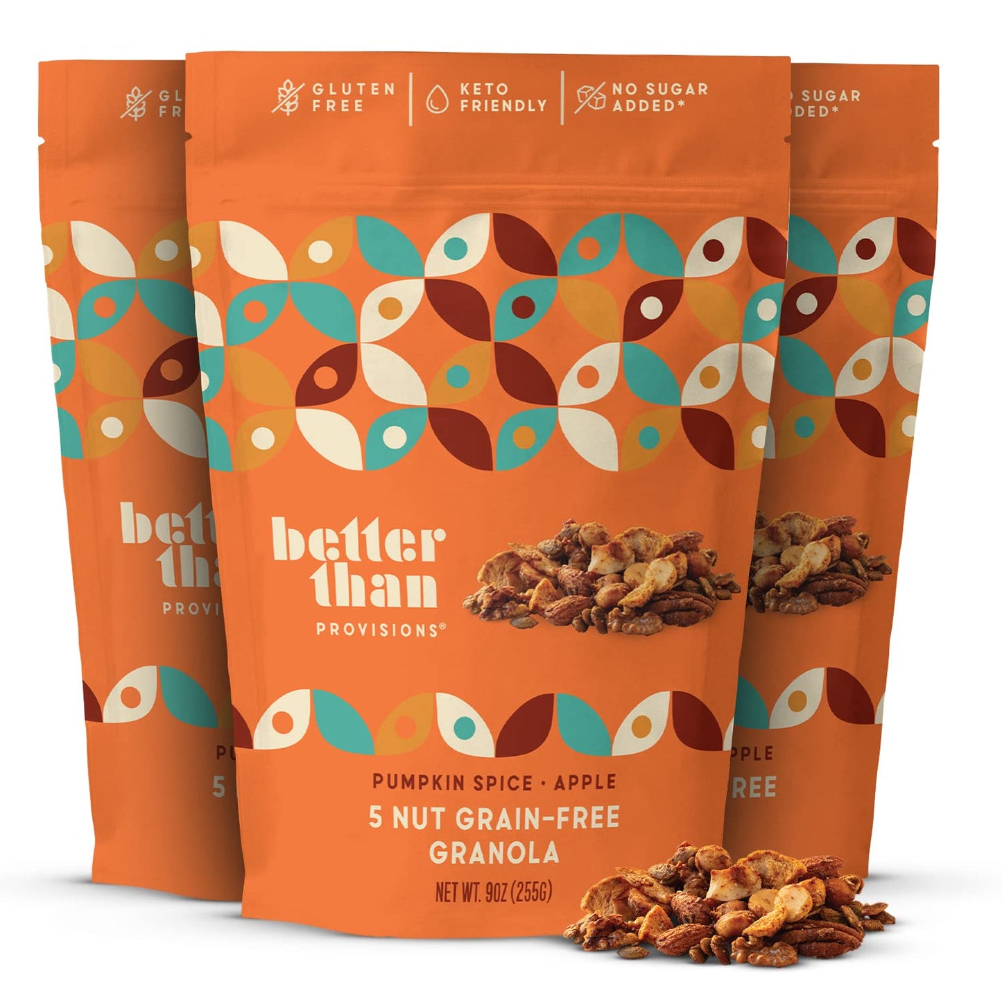 Better Than Provisions 5 Nut Grain-Free Granola, Keto Food, 3 Pack of Pumpkin Spice Apple, with Almonds, Macadamia Nuts, Walnuts, Hazelnuts, Pecans