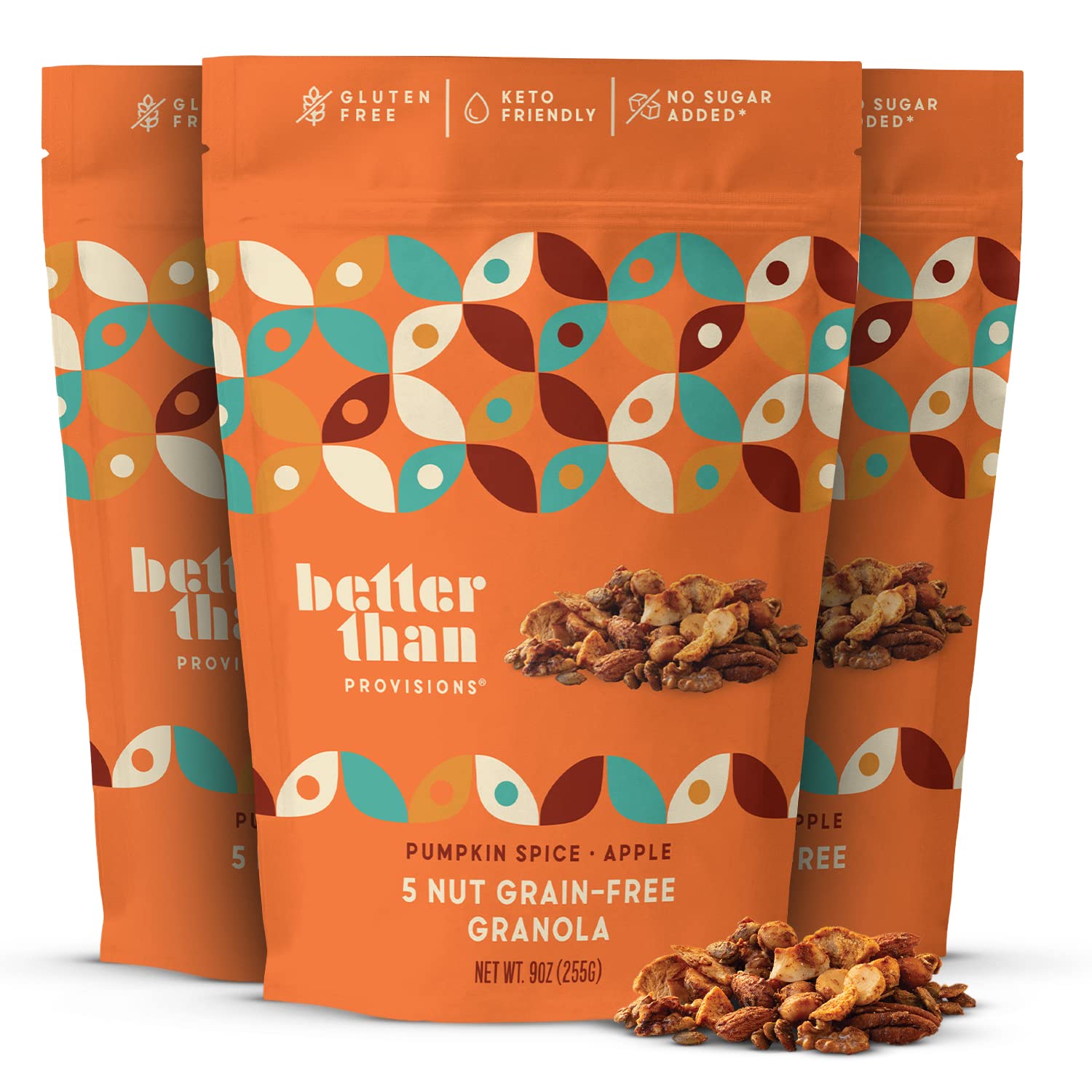 Better Than Provisions 5 Nut Grain-Free Granola, Keto Food, 3 Pack of Pumpkin Spice Apple, with Almonds, Macadamia Nuts, Walnuts, Hazelnuts, Pecans