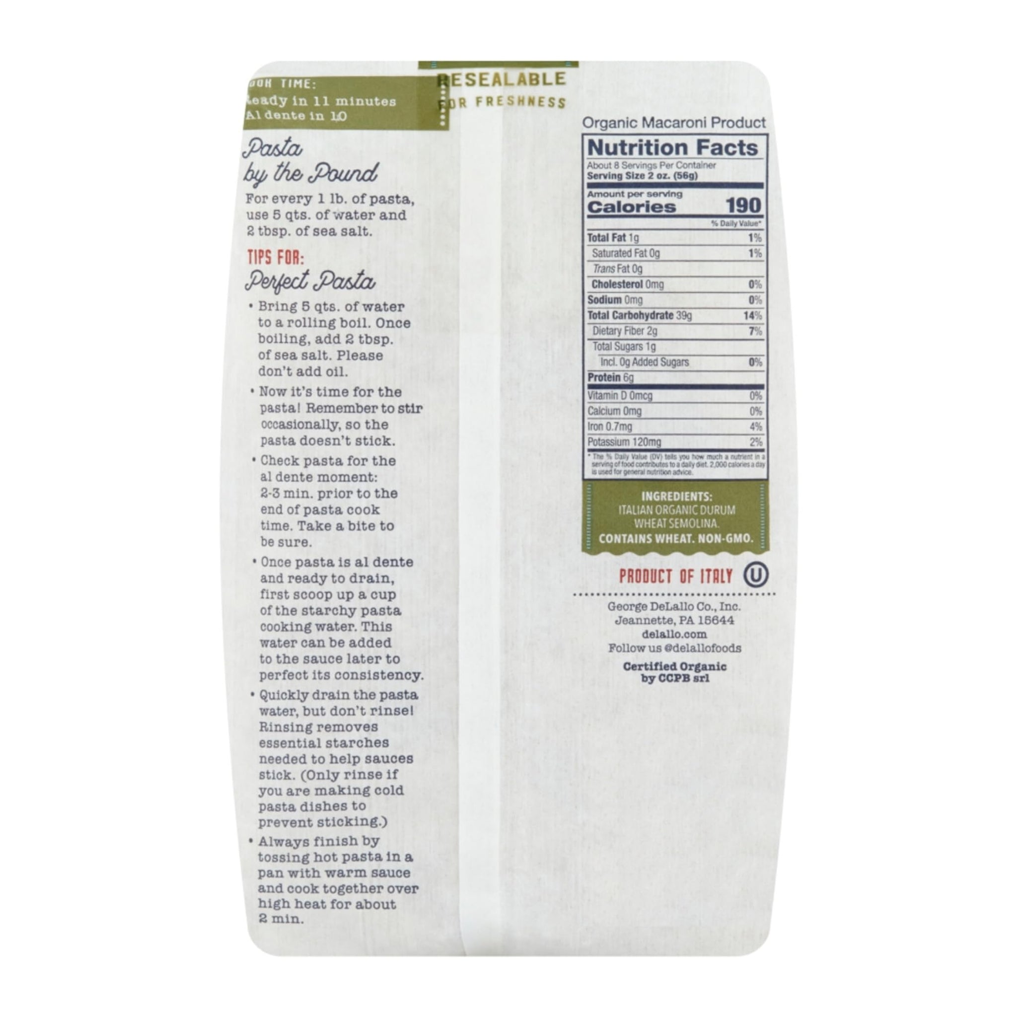 DeLallo Organic Penne Rigate Pasta, Made with 100% Durum Wheat Semolina Flour, Made in Italy, Bronze Cut, Kosher, Vegan, All Natural, 16 oz Bag, (8