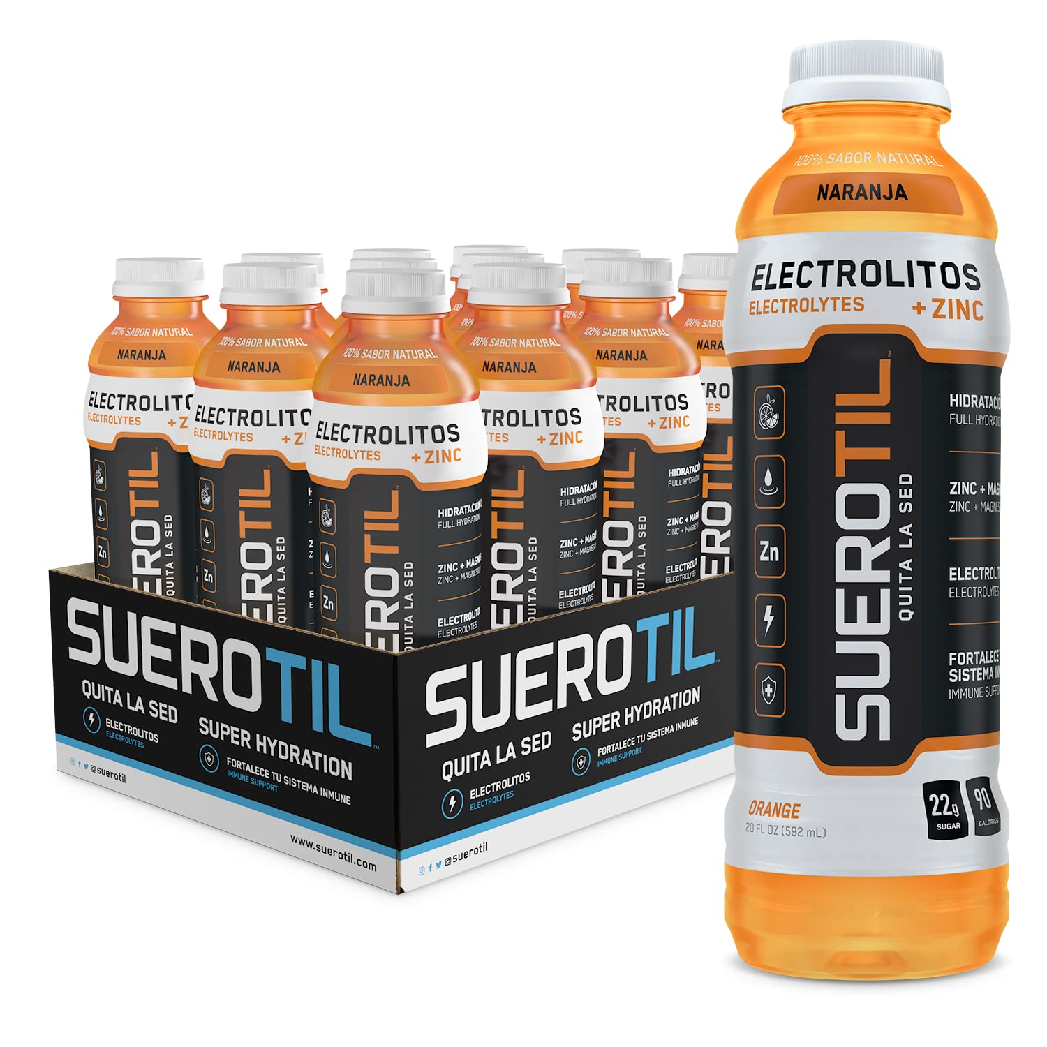 Suerotil Sugar-Free Full Hydration Beverage, Orange, 21oz - 12 Bottle Case - Electrolytes & Zinc