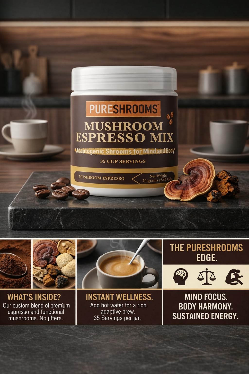 PureShrooms Instant Mushroom Espresso Blend - Organic Adaptogenic Coffee with Lion's Mane, Reishi, Cordyceps - Arabica & Robusta Blend, 70g - Mental
