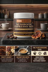 PureShrooms Instant Mushroom Espresso Blend - Organic Adaptogenic Coffee with Lion's Mane, Reishi, Cordyceps - Arabica & Robusta Blend, 70g - Mental