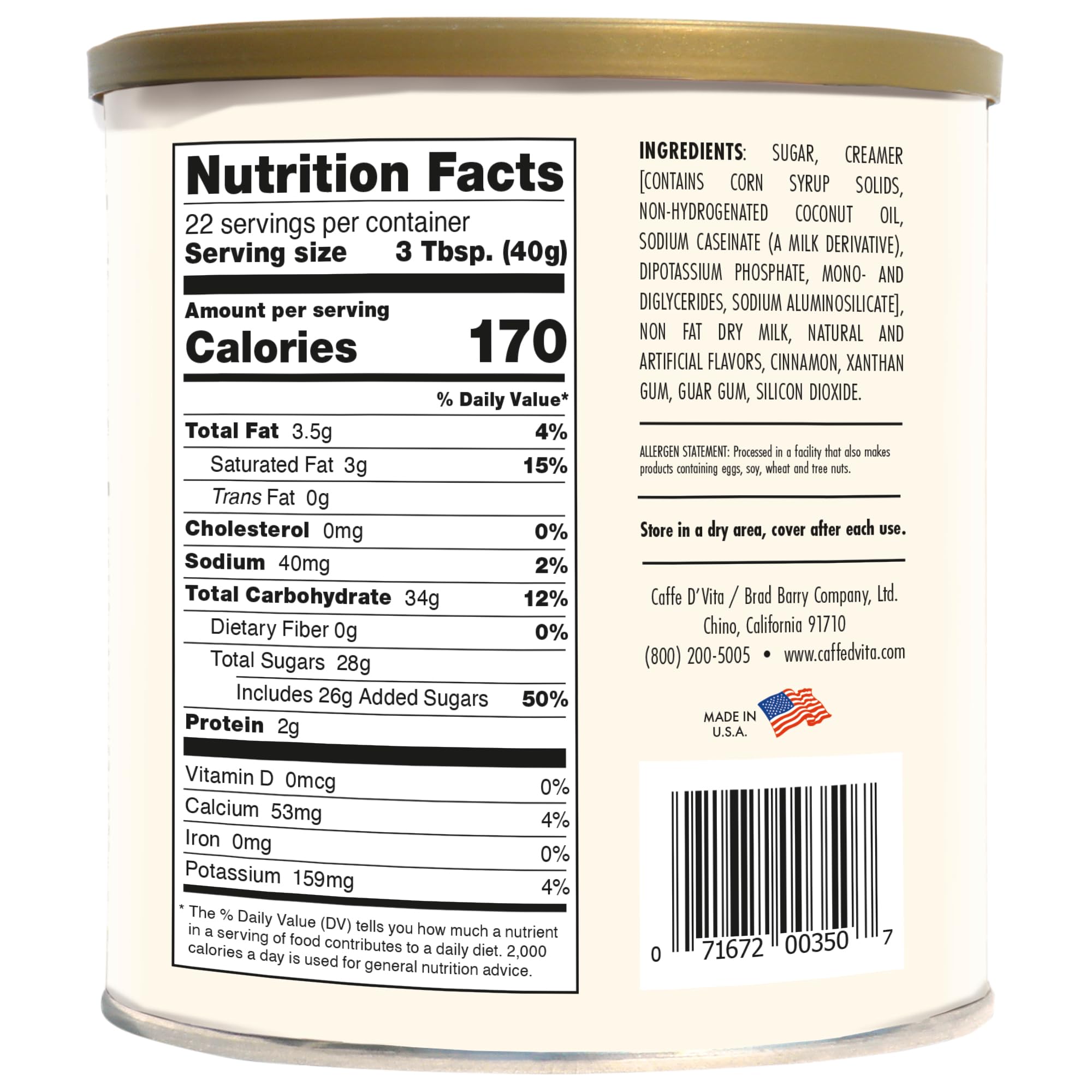 Caffe D'Vita Horchata Drink Mix - Instant Horchata Powder Mix, Gluten Free, No Cholesterol, No Hydrogenated Oils, No Trans Fat, Kosher-Dairy, Can be