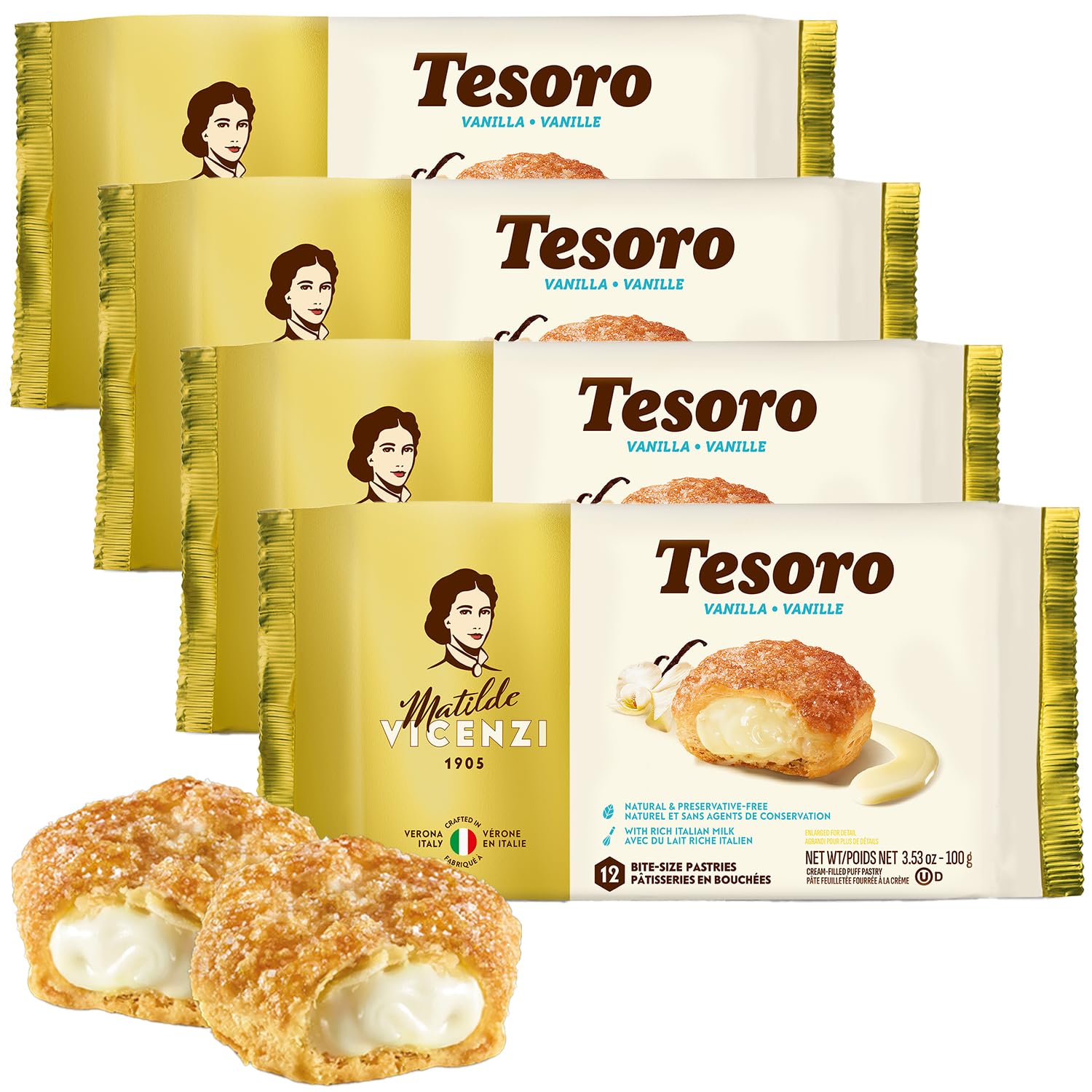 Tesoro Vanilla Filling by Pasticceria Matilde Vicenzi, Vanilla Cream Filled Puff Pastry Patisserie, Kosher Dairy, Made in Italy, 3.53oz (100g), 4-Pack