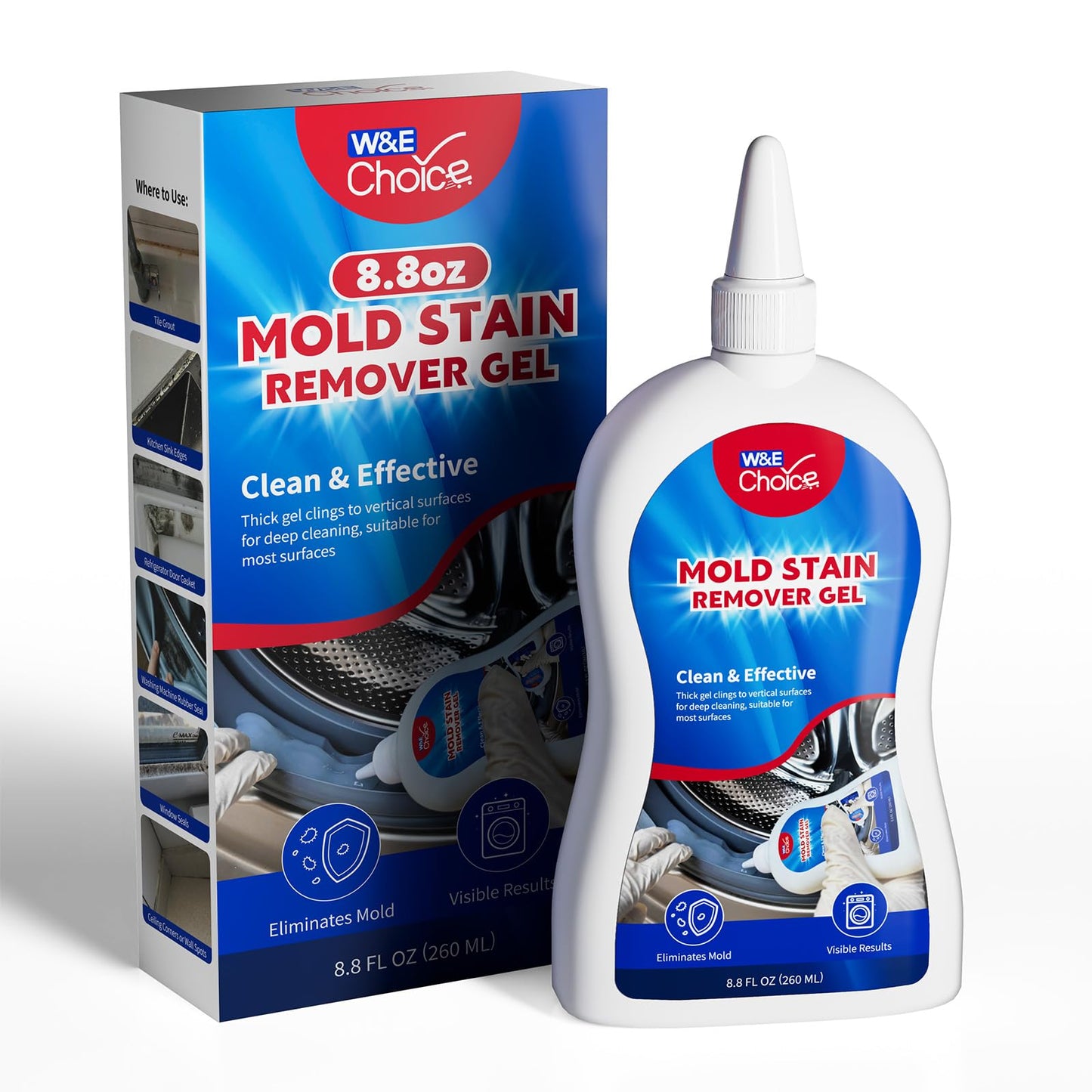 W&E Choice Stain Remover Gel Cleaner for Shower, Bathroom Tile Grout and Caulk - Heavy Duty Cleaner for Front Load Washing Machine Rubber Seal - No