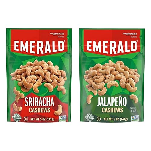 Emerald Nuts Combo (Variety Pack) Featuring Jalapeno Seasoned Cashews & Sriracha Seasoned Cashews | 5 Oz Resealable Bags | Kosher Certified, Non-GMO