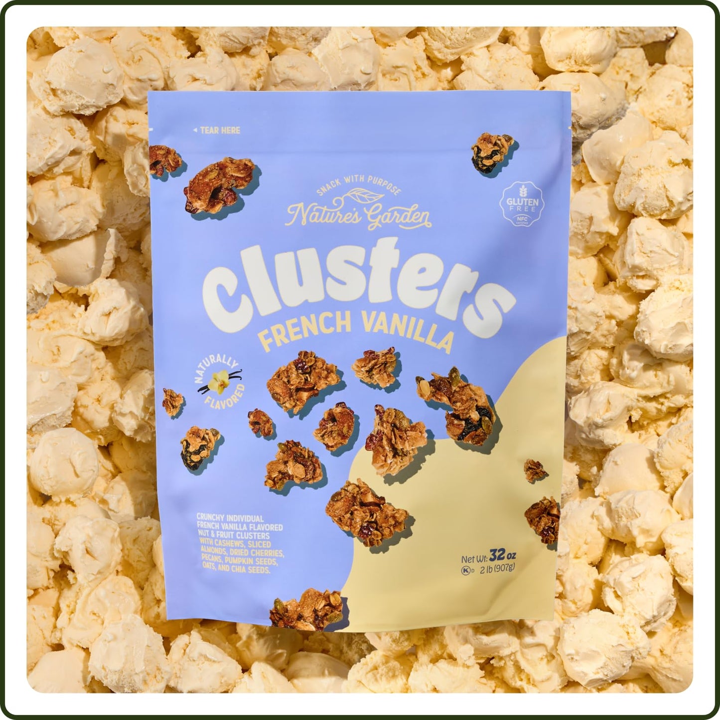 Nature’s Garden French Vanilla Clusters, 32oz Pouch - Chunky Nut, Seed & Cherry Snack Bites - Gluten-Free, Kosher, Nutrient-Dense Crunchy Treats