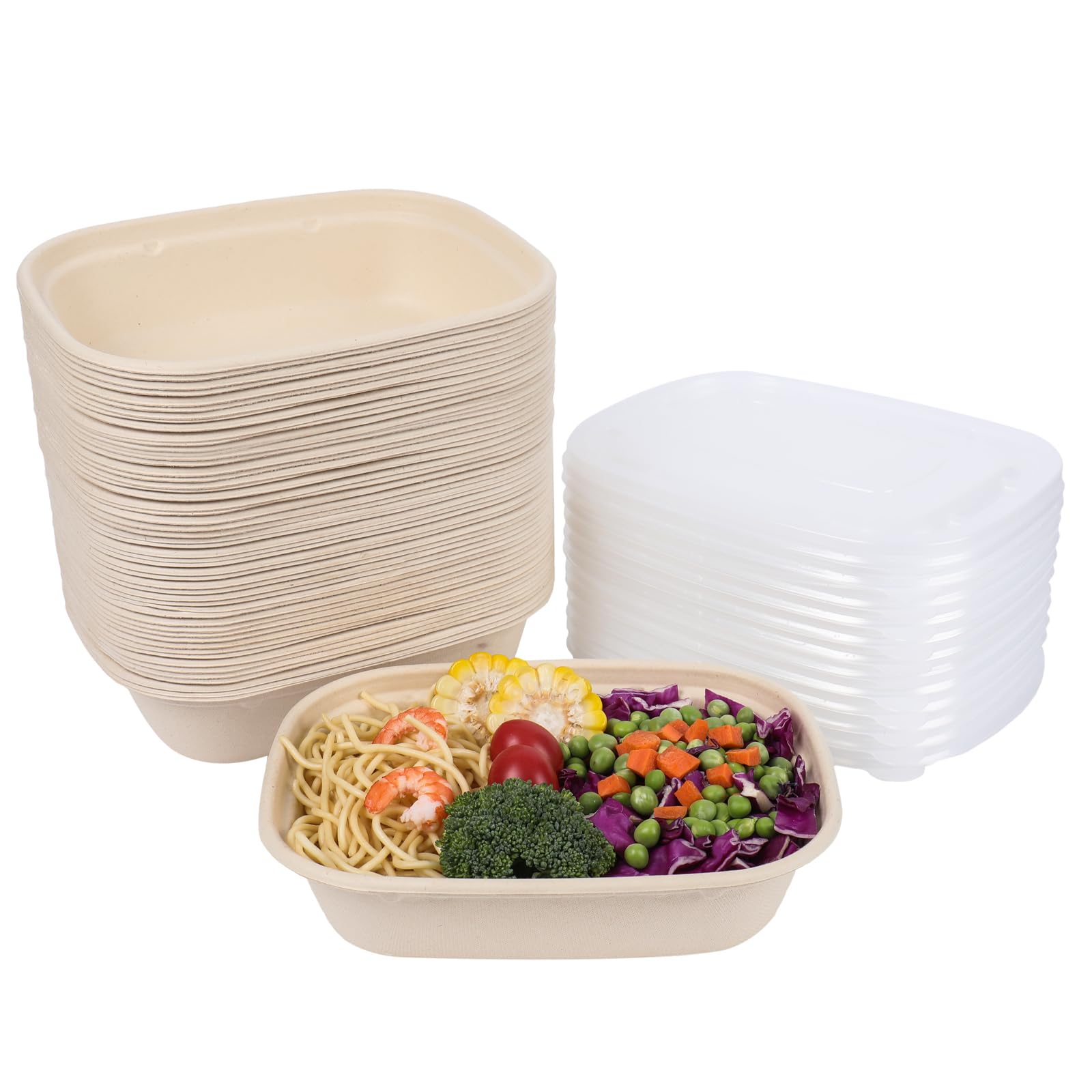 JAYEEY 35oz Disposable salad bowls with lids, Sugarcane Fiber Paper Bowls take away food containers meal prep deli container 50 Pack