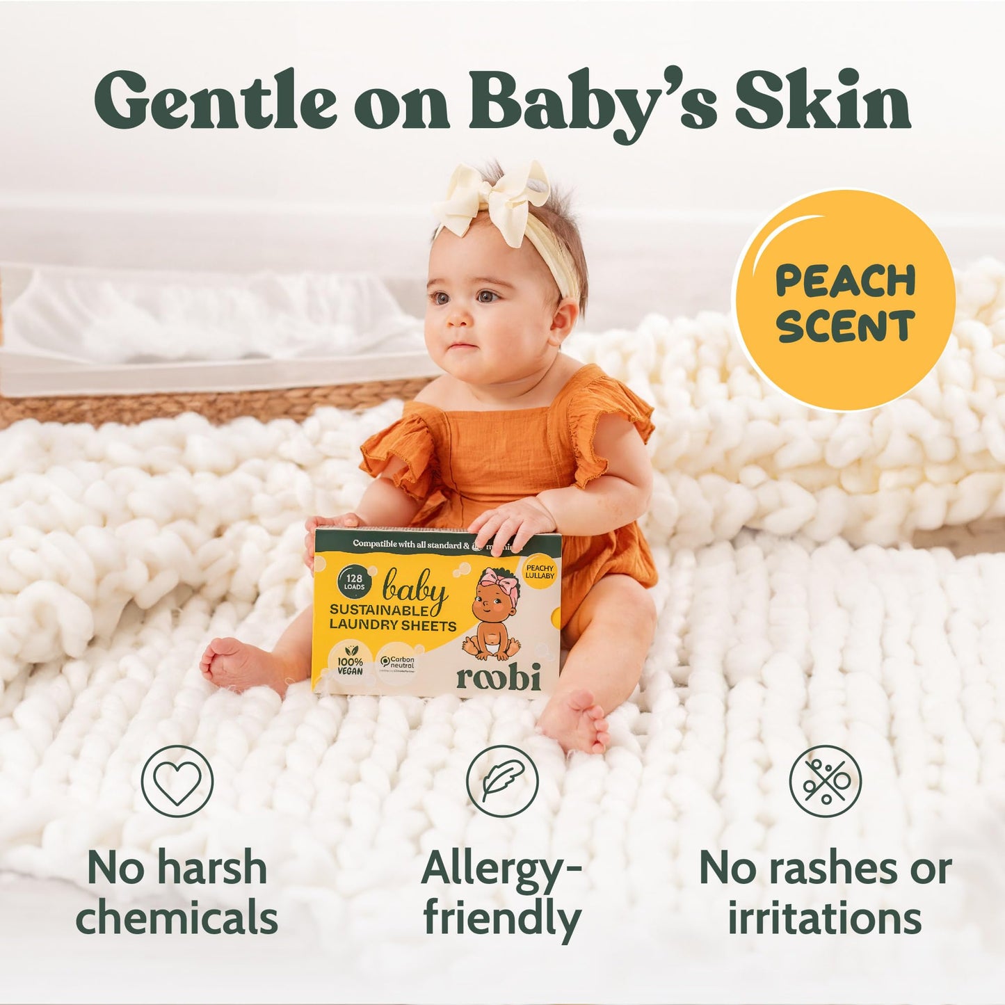 Roobi Baby Laundry Detergent Sheets. Specially Formulated for Sensitive Skin. Newborns, Infants & Toddlers Clothes. Peachy Lullaby Scent. Up to 128