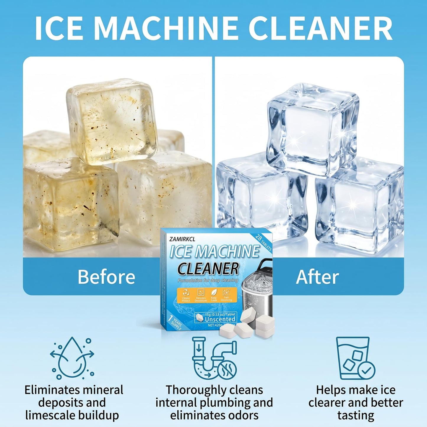 Ice Machine Cleaner Tablets, 28 Count, Nickel-Safe Descaling Formula, No Damage to Nickel Plating, Compatible with All Major Brands, Ideal