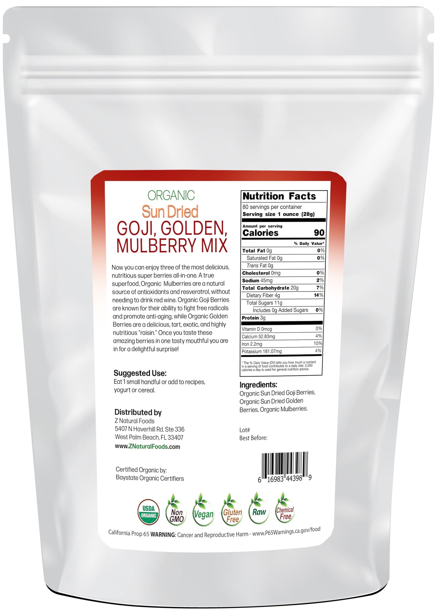 Sun Dried Organic 3 Berry Mix - Goji Berries, Golden Berry White Mulberry - Unsweetened No Sugar Added - Three Delicious Exotic Superfoods For Snacks
