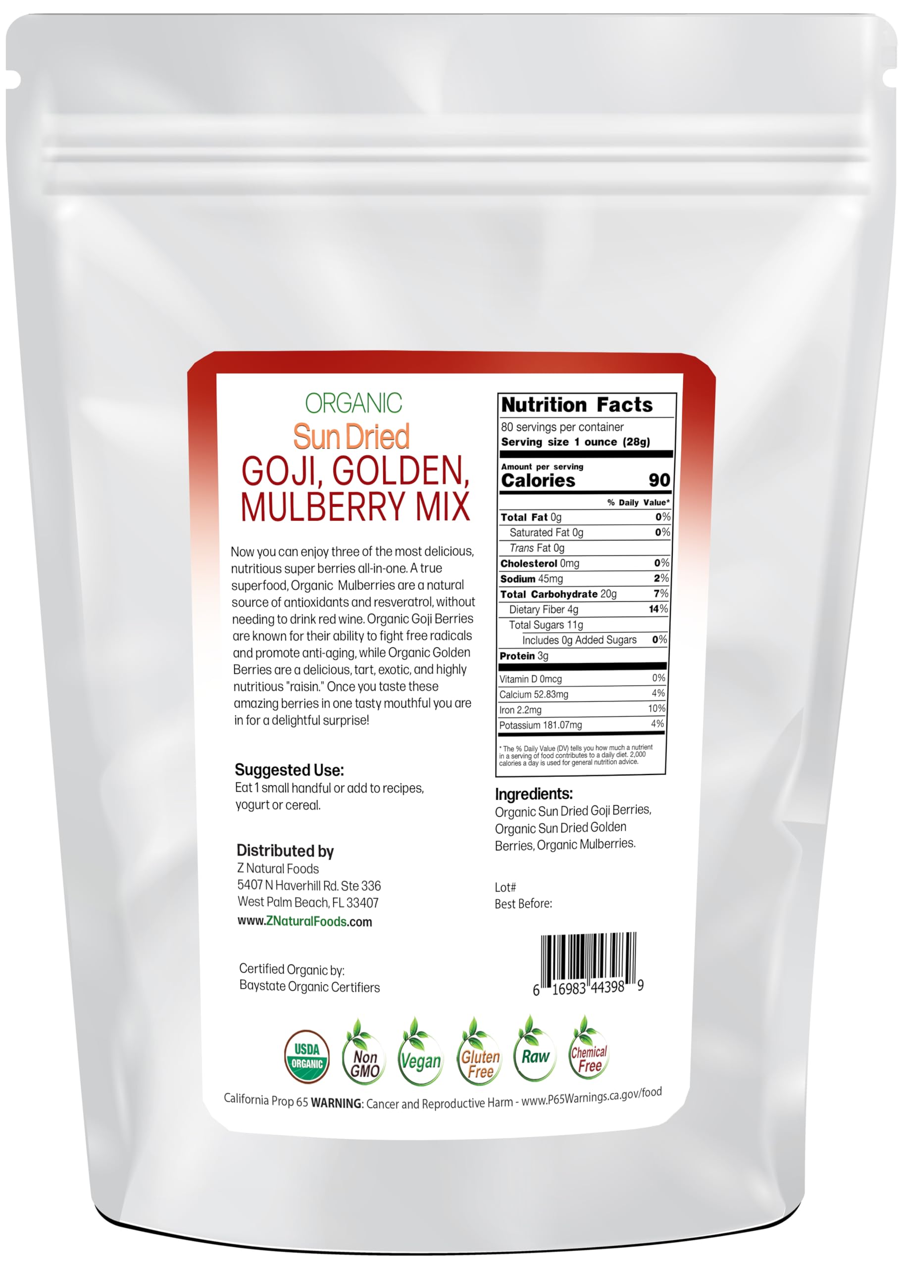 Sun Dried Organic 3 Berry Mix - Goji Berries, Golden Berry White Mulberry - Unsweetened No Sugar Added - Three Delicious Exotic Superfoods For Snacks