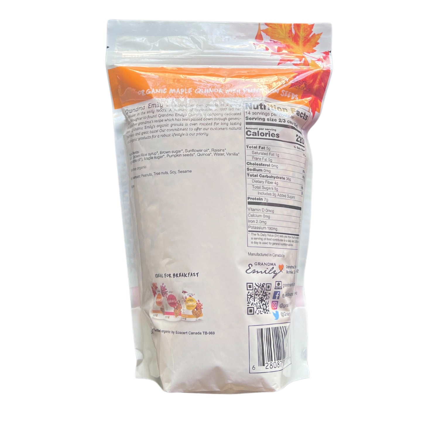 Grandma Emily Organic Granola Cereal Maple Quinoa with Pumpkin Seeds - Kosher and Whole Grain. 1lb 10oz