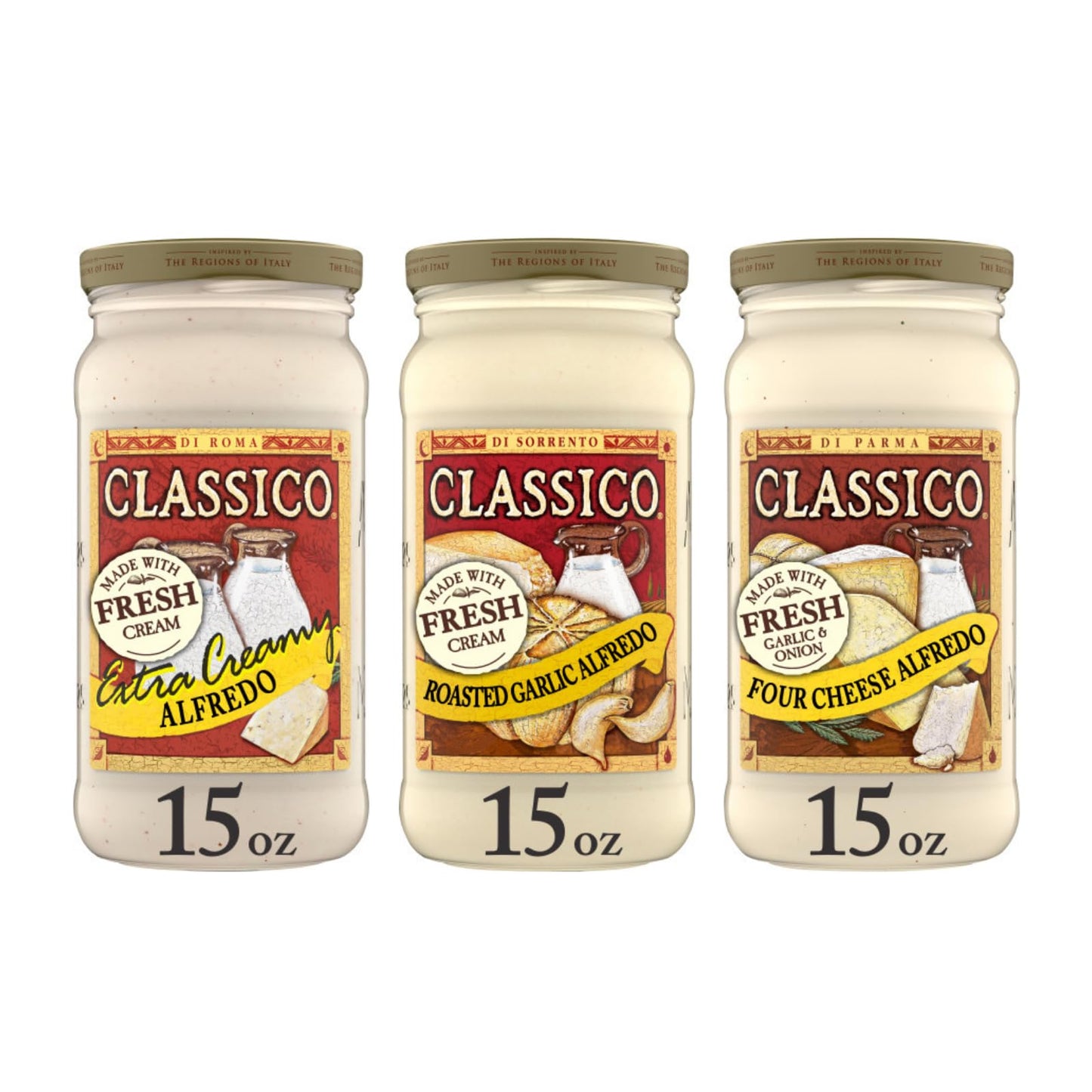 Classico Cream Sauce Trio, Italian Pasta Topping, Rich and Creamy Recipe, Extra Creamy, Roasted Garlic and Four Cheese, 15 Ounce (Variety Pack)