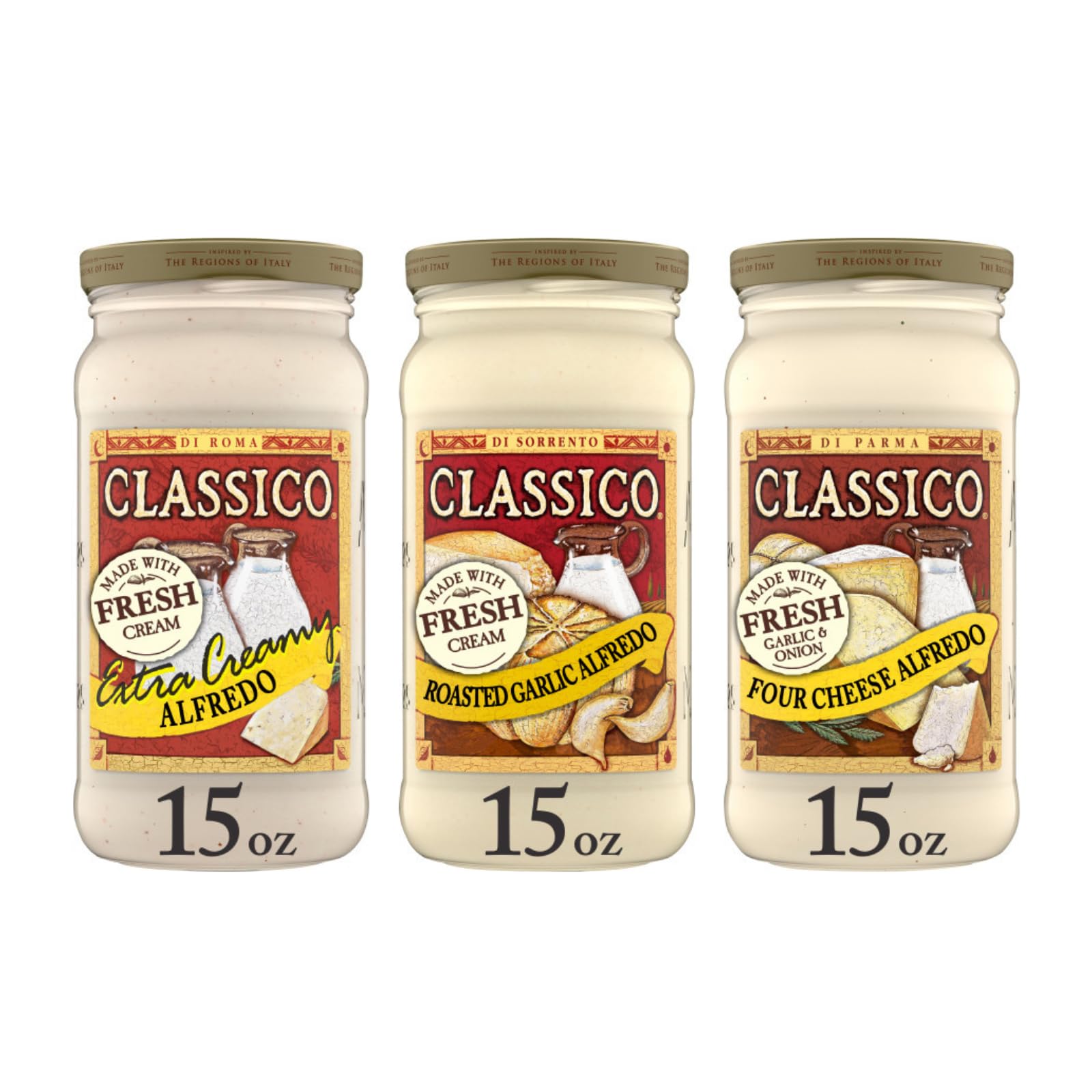 Classico Cream Sauce Trio, Italian Pasta Topping, Rich and Creamy Recipe, Extra Creamy, Roasted Garlic and Four Cheese, 15 Ounce (Variety Pack)