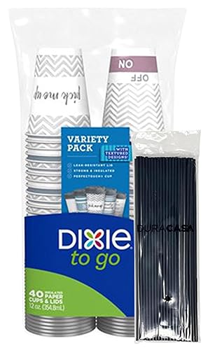 DuraCasa Straws and Dixie To Go Perfectouch Paper Cups and Lids Pack of 40 Count, 12 ounce, Hot Beverage Cups & Lids, Assorted Designs, Disposable