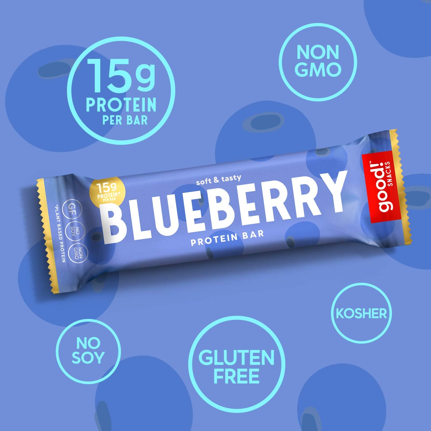 good! Snacks Blueberry Vegan Protein Bar, Soy & Gluten Free, Plant Based, Low Sugar, 15g Clean Protein, Natural Healthy Superfood Snack, Kosher
