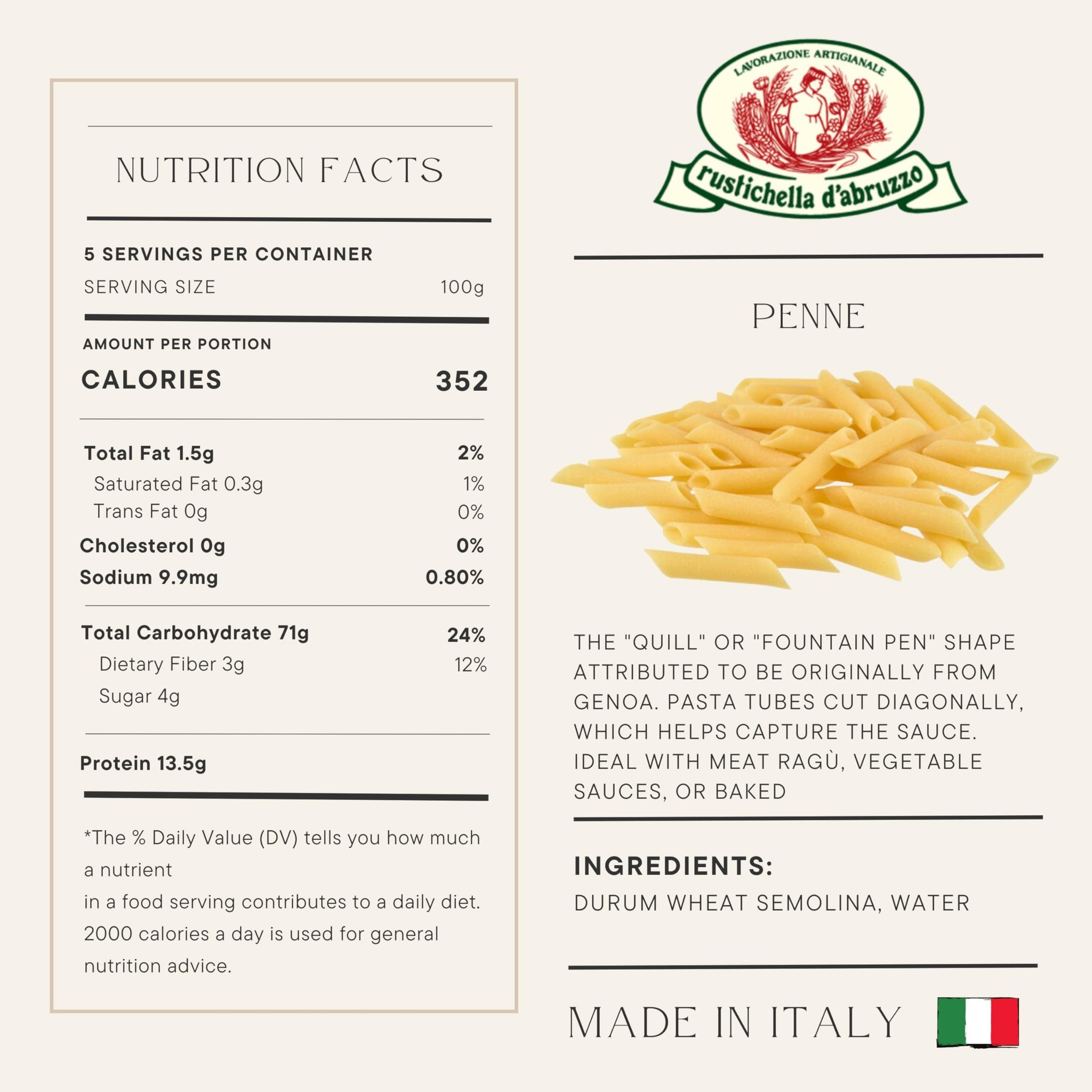 Rustichella d'Abruzzo Penne Pasta - 500g Classic Durum Wheat Short Quill-Shaped Pasta - Perfect for Sauces and Baked Dishes - Cooks in 10-12 Minutes