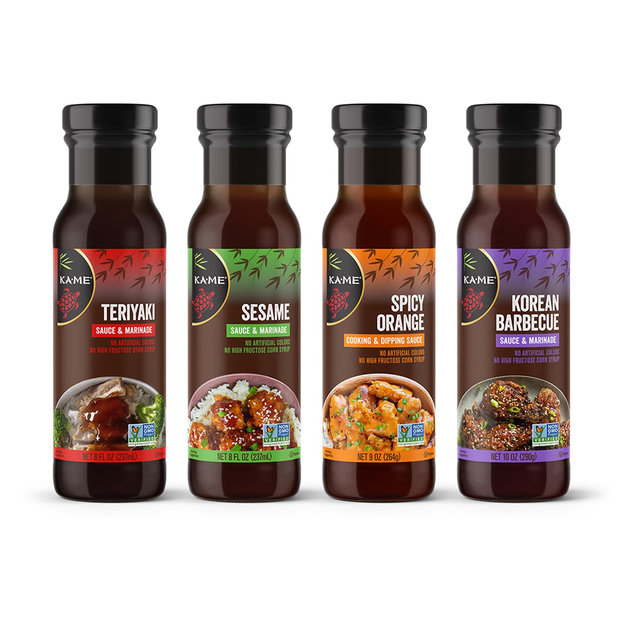 KA-ME Authentic Asian Marinade Sauce Variety Pack - Teriyaki, Sesame, Korean Barbecue, Spicy Orange - Asian BBQ & Grilling Sauce Bundle - Non-GMO