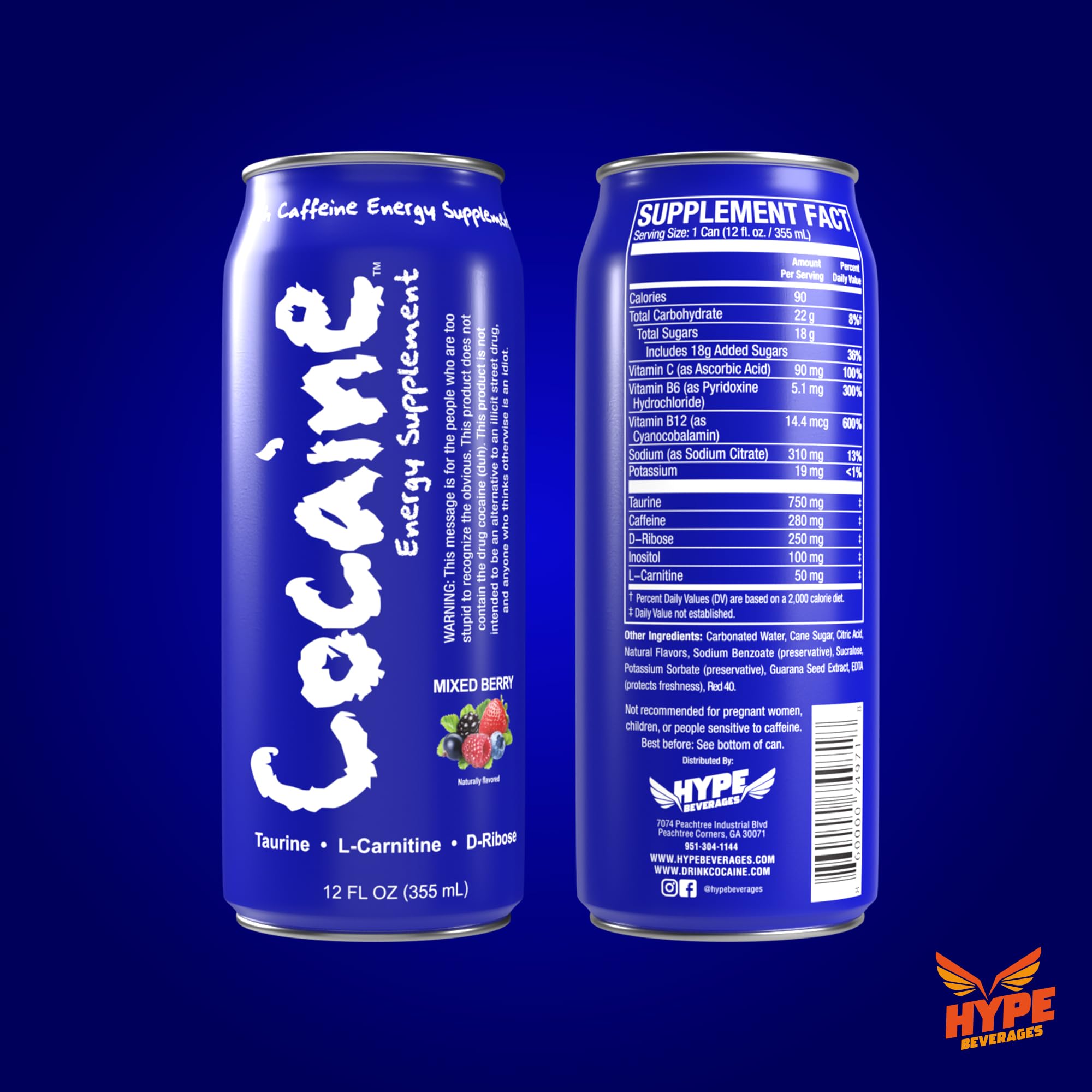 Hype Beverages Official Caffeinated Energy Drink - Healthy Energy Drinks with Taurine, L-Carnitine, Antioxidants, Vitamins, - 12 Oz Can - (Pack of 12