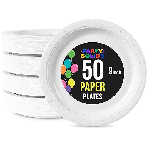 Party Solids Exquisite White Paper Plates Disposable Heavy Duty 9 Inch White Disposable Plates For Party 50 Pcs Heavy Duty 350 GSM, Birthday Party
