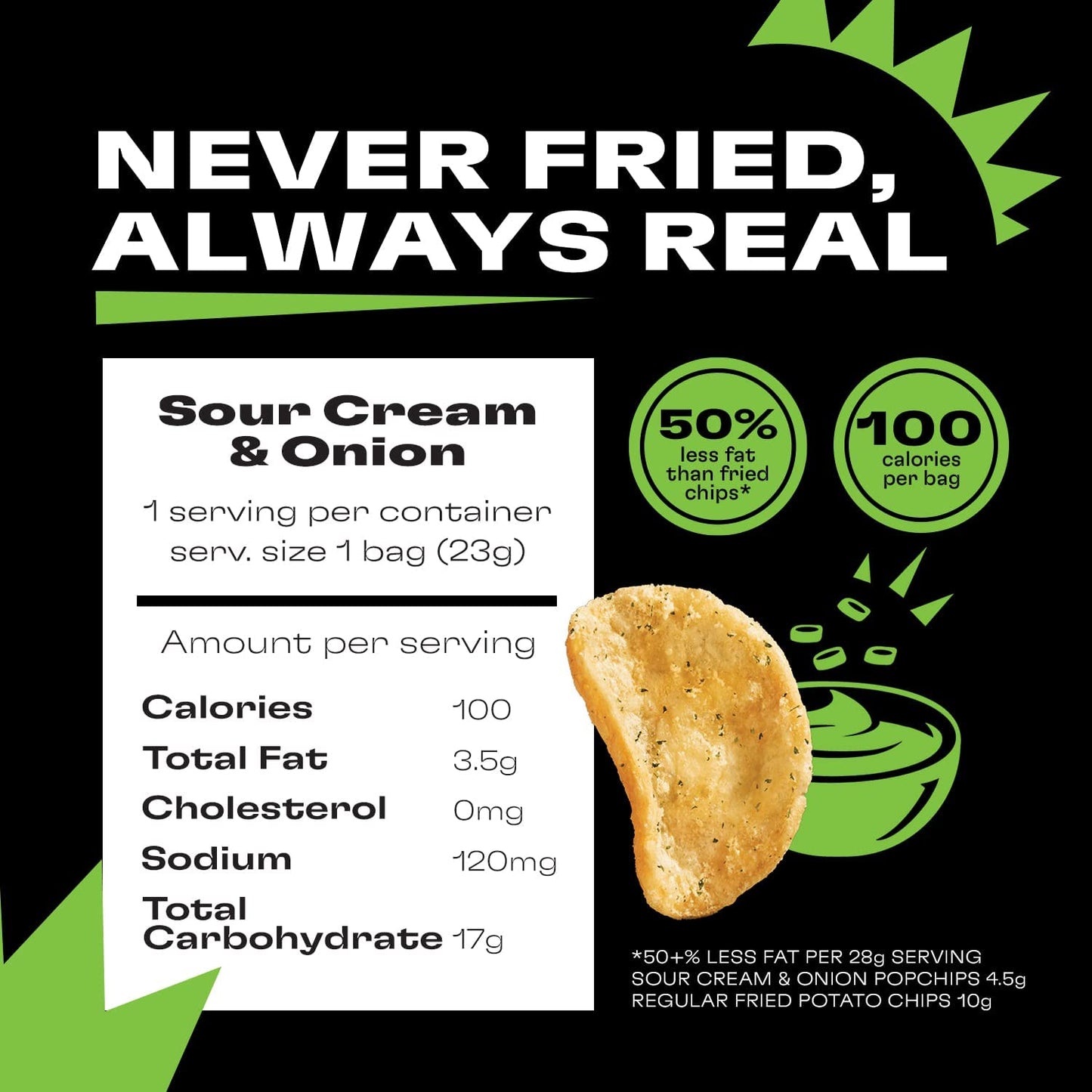 Popchips Potato Chips, Sour Cream & Onion, 24 ct Single Serve 0.8oz Bags, Low-Calorie and Gluten Free, Salty Snacks for Adults and Children, Kosher