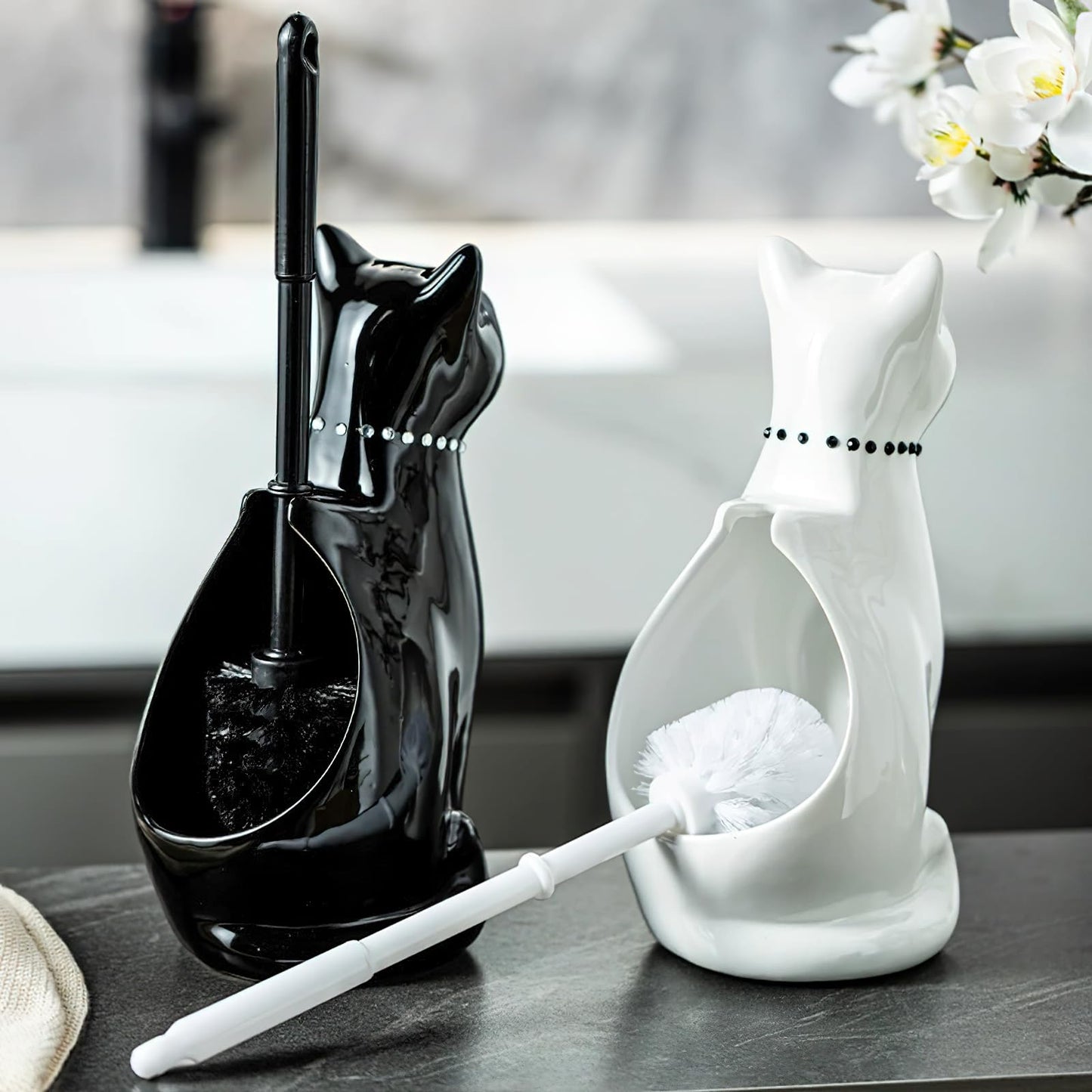 Cat Toilet Brush Holder - Ceramic Whimsical Feline Design with Wide-Mouth Storage, Black Toilet Bowl Brush and Holder Set Cute for Bathroom Ground
