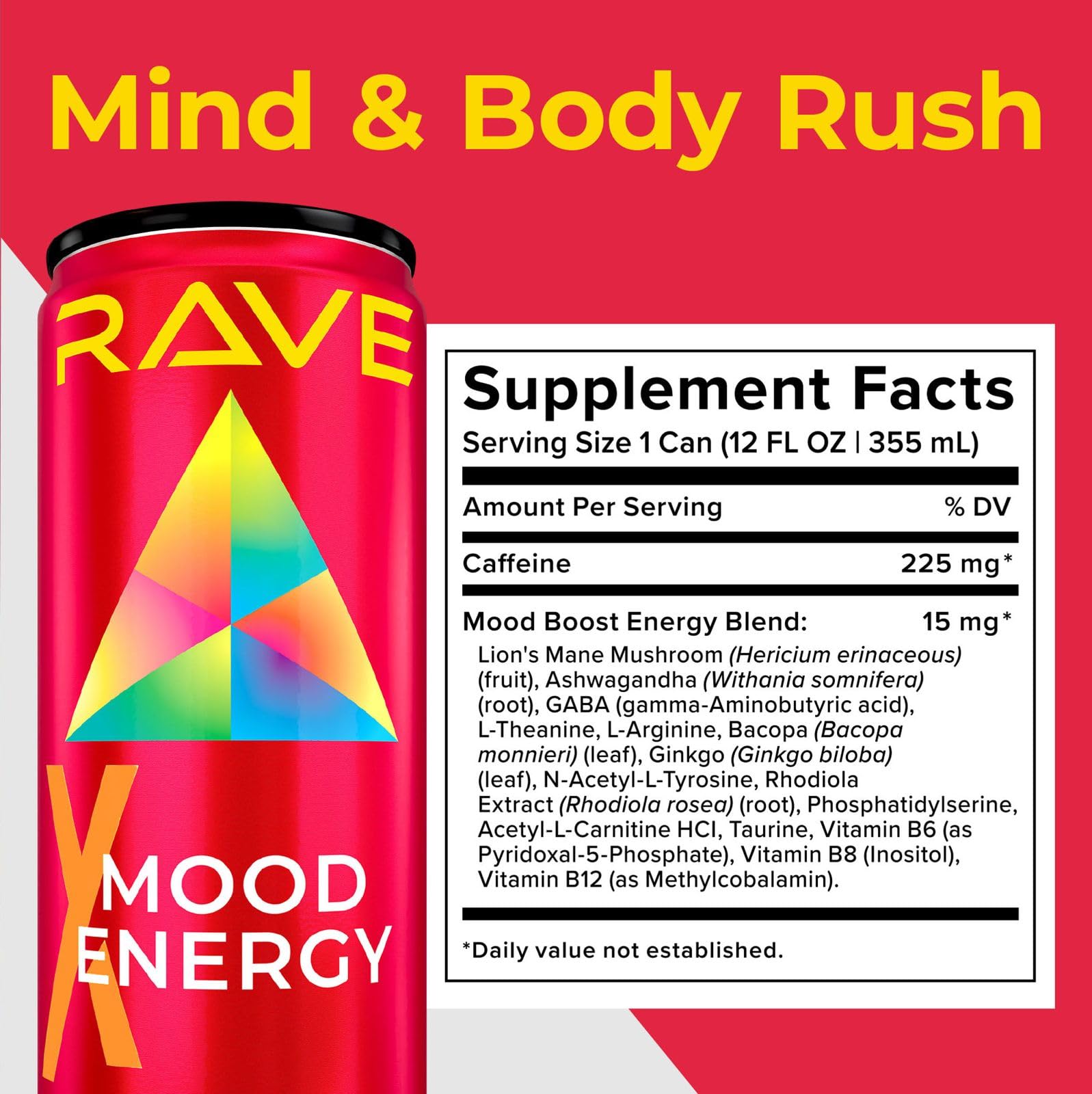 RAVE Mood Energy Drink is Mind Blowingly Different. With Mood-Boosting Functional Mushrooms, Nootropics, Adaptogens & B Vitamins. Experience Mind