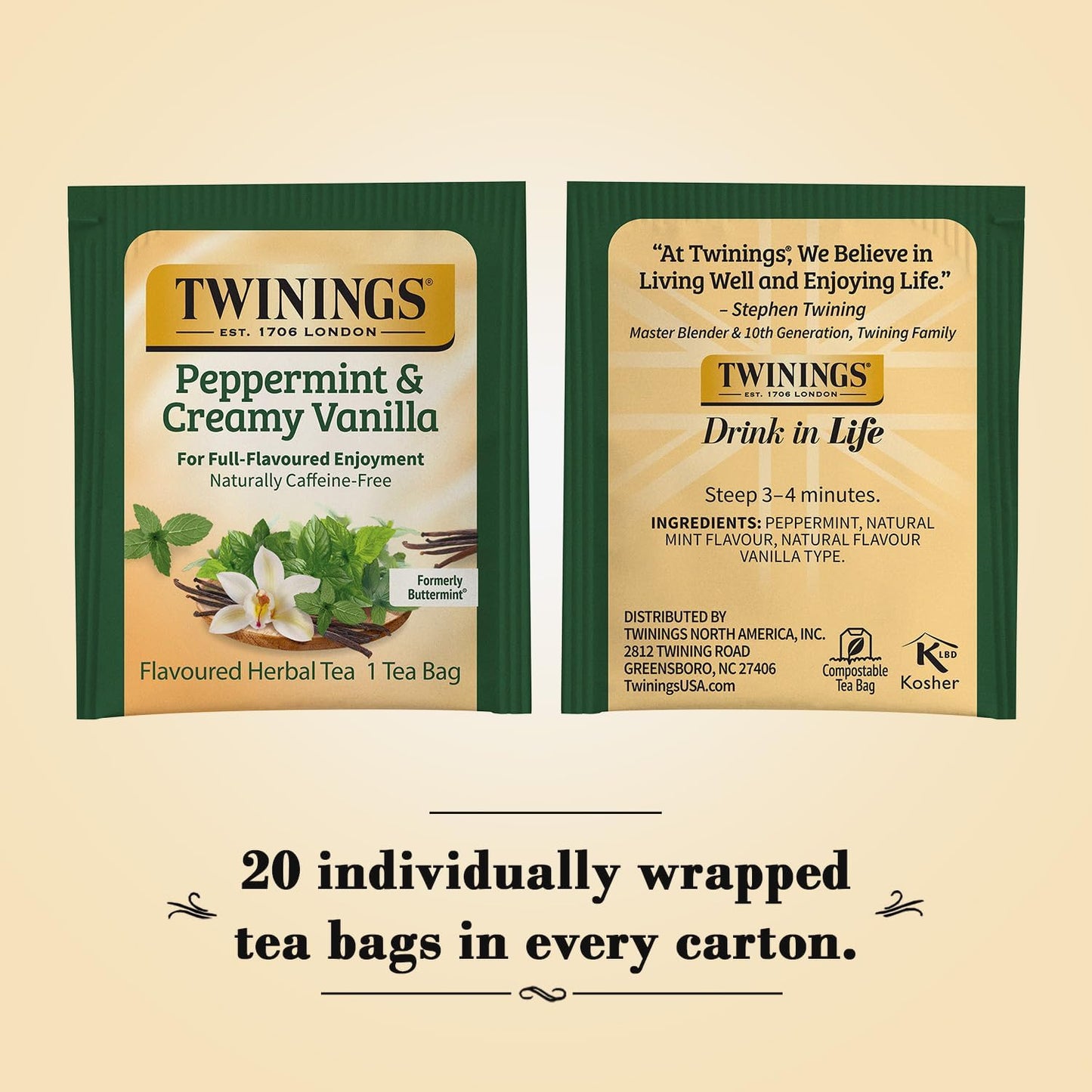 Twinings Peppermint & Creamy Vanilla Tea - A Crisp, Balanced Herbal Tea, Formerly Buttermint, Naturally Caffeine-Free Tea Bags, Individually Wrapped