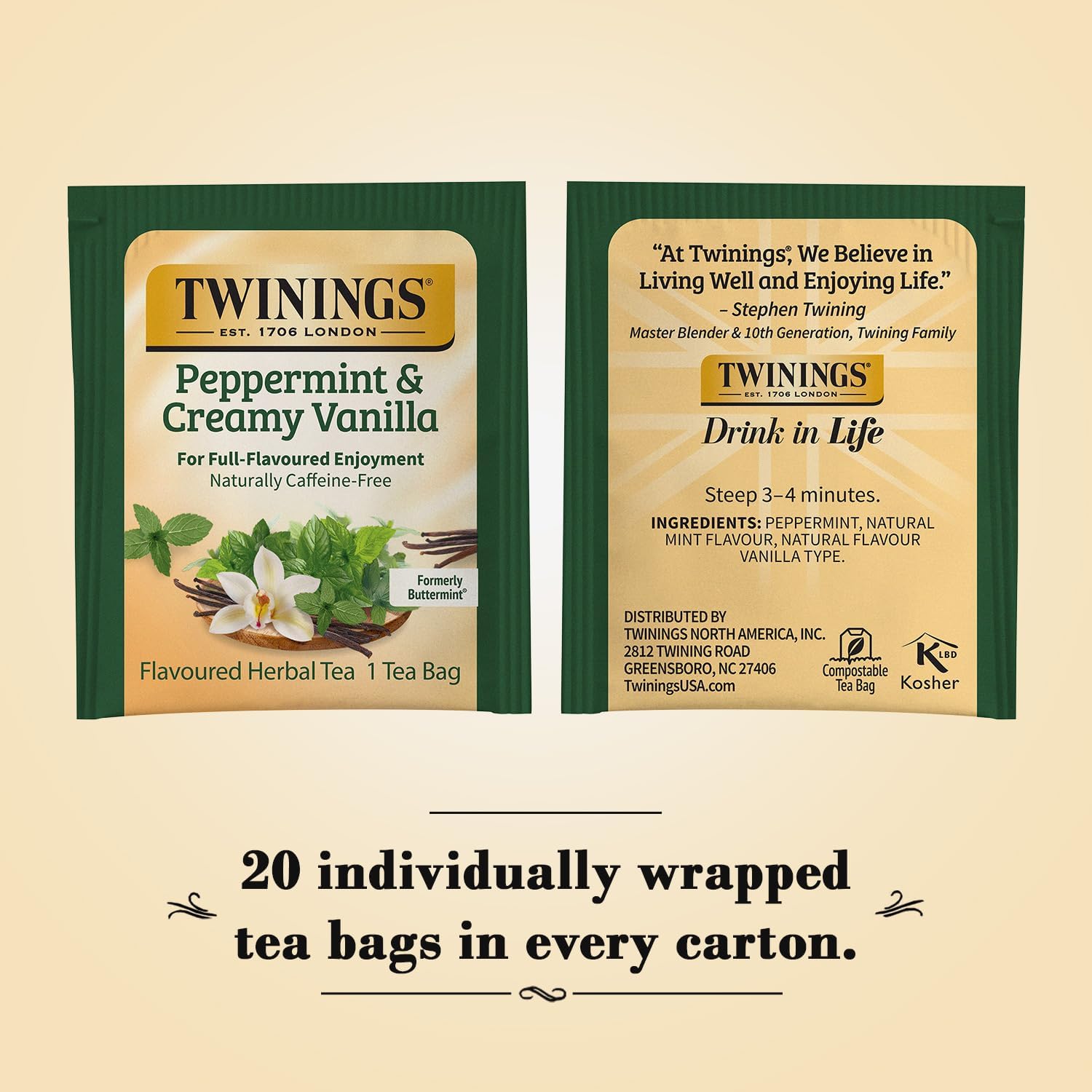 Twinings Peppermint & Creamy Vanilla Tea - A Crisp, Balanced Herbal Tea, Formerly Buttermint, Naturally Caffeine-Free Tea Bags, Individually Wrapped