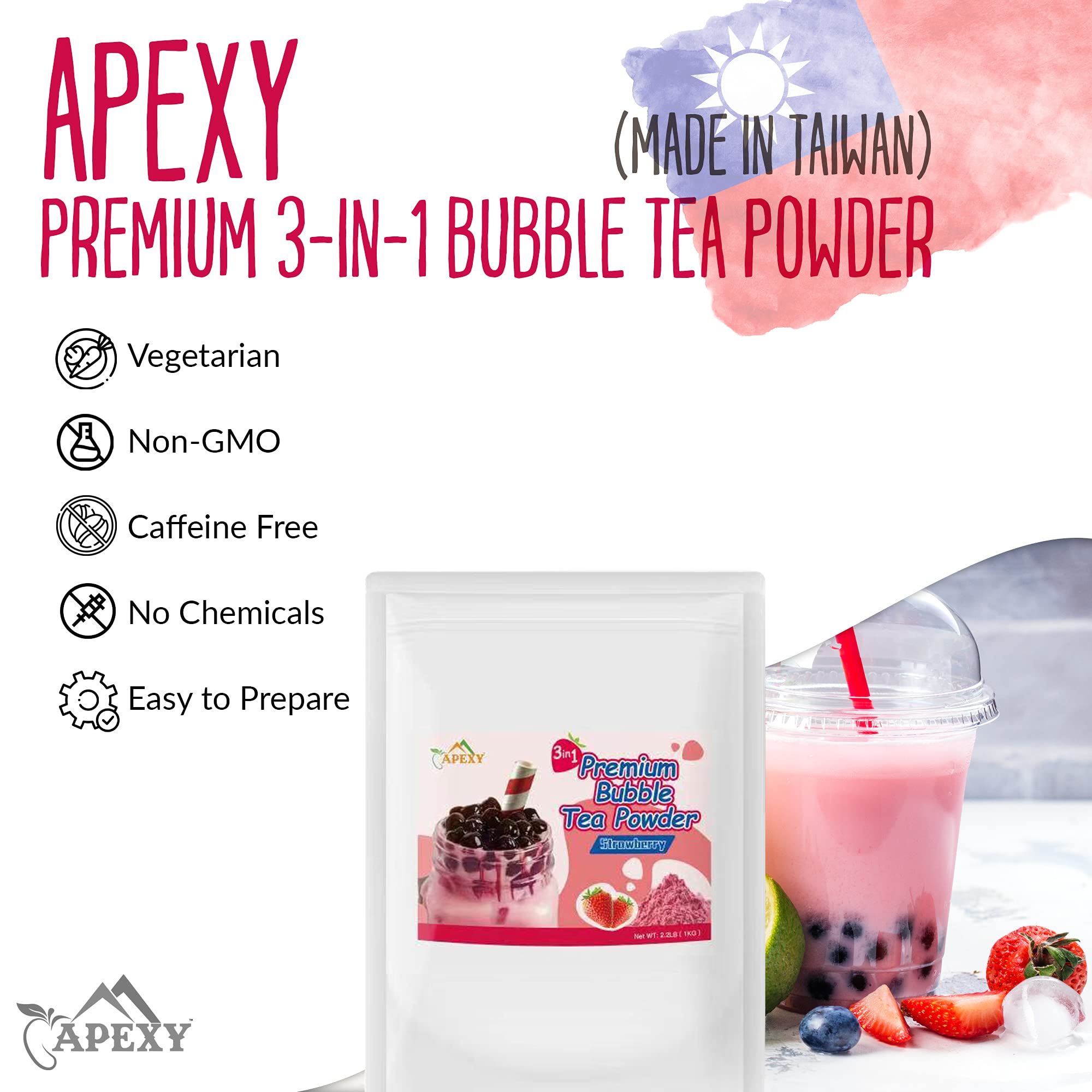 Apexy Premium Strawberry Bubble Tea Powder, 15.87 oz, Instant 3-in-1 Smoothie Mix, Hot or Cold Drinks, Made in Taiwan