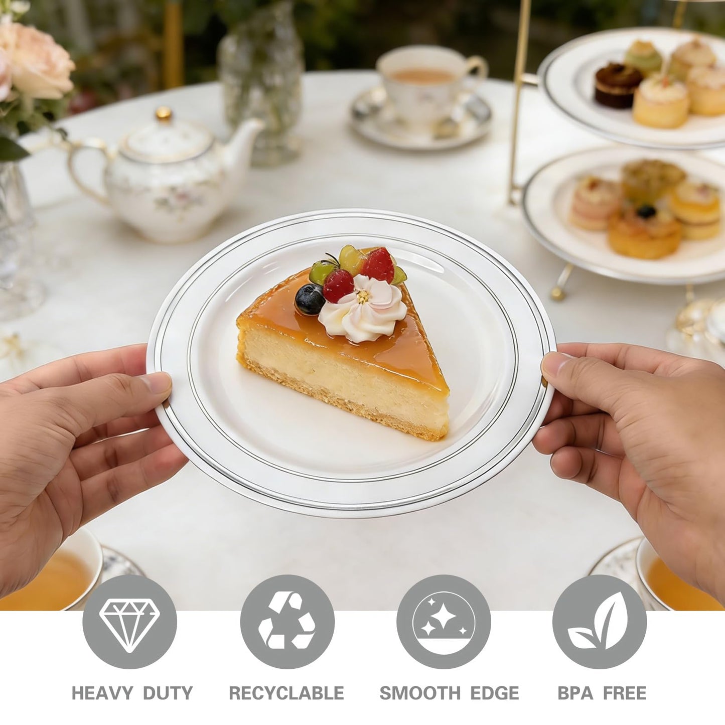 HOME BREEZE 120PCS Silver Plastic Plates, Heavy Duty White and Silver Disposable Party Plates, 60 Dinner Plates and 60 Dessert Plates, Plastic Plates