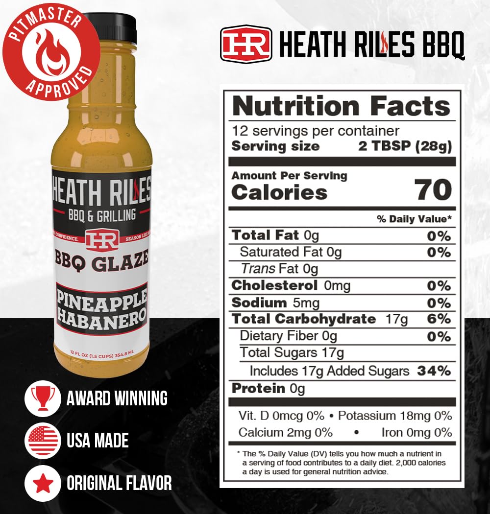 Heath Riles BBQ Pineapple Habanero BBQ Glaze - Spicy Rib Glaze with Sweet Pineapple, Rib Sauce for Pork, Chicken or Ham - 80+ BBQ Championships, 12 oz