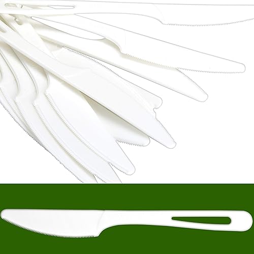 Disposable Knives Made From Non-GMO, Plant-Based, Plastic, 50 Pk. Sturdy Utensils are Certified, Compostable, Eco-Friendly Cutlery With No Wood Taste