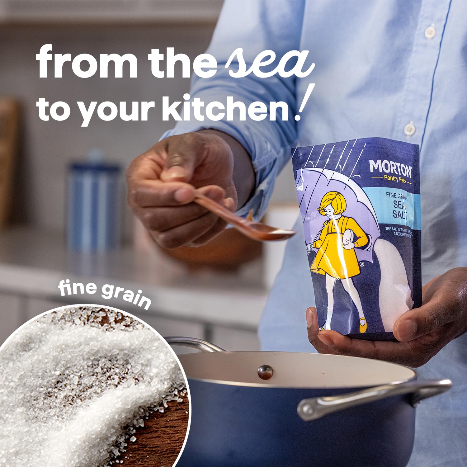 Morton Sea Salt Fine Grain, All-Natural Fine Sea Salt, 1 lb Resealable Pouch, Ideal for Cooking, Baking, Blending & Everyday Seasoning