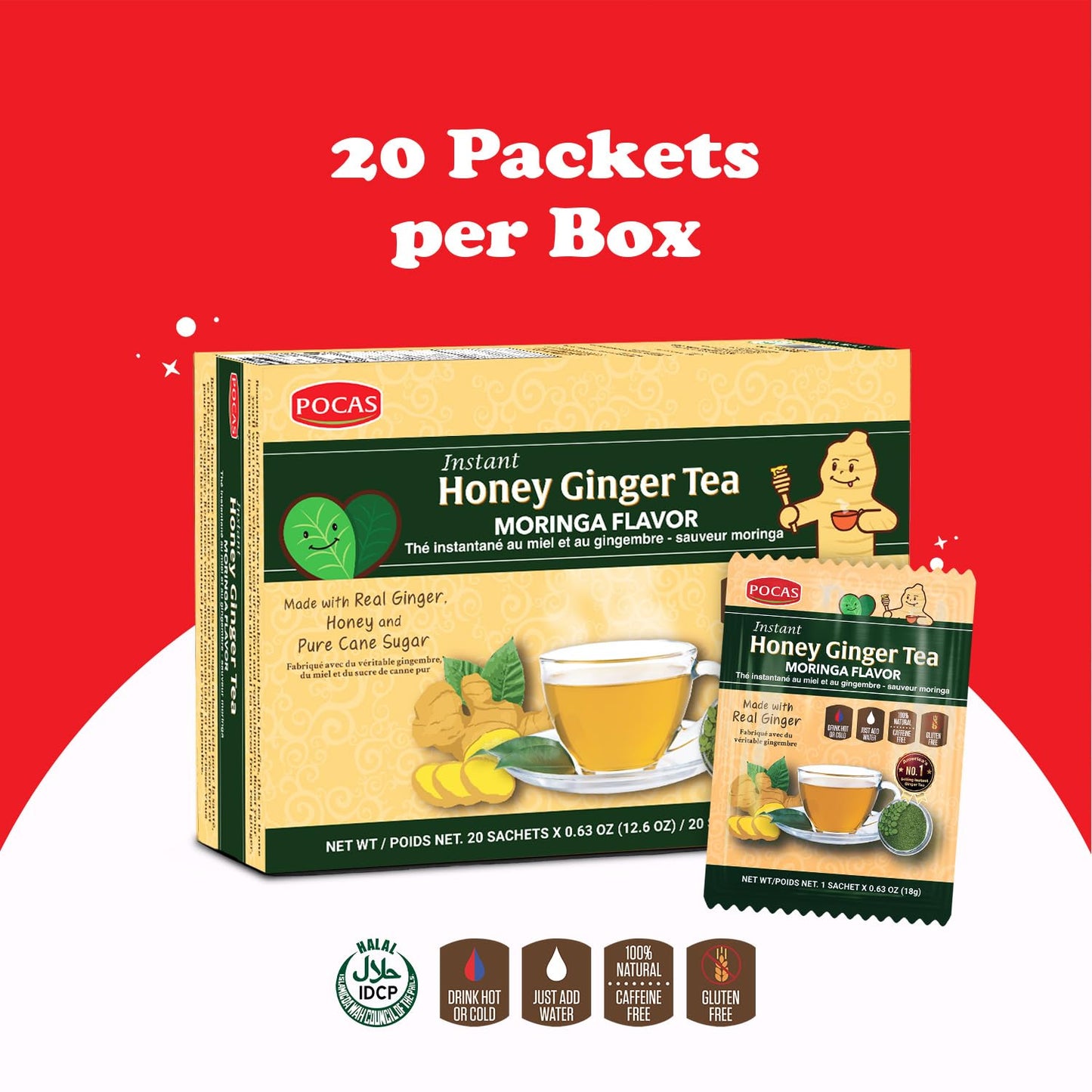 Pocas Honey Ginger Tea, Moringa Flavor, 2-Pack - Instant Tea Powder Packets with Real Ginger, Honey, and Pure Cane Sugar, Caffeine Free, 20 Count Ea
