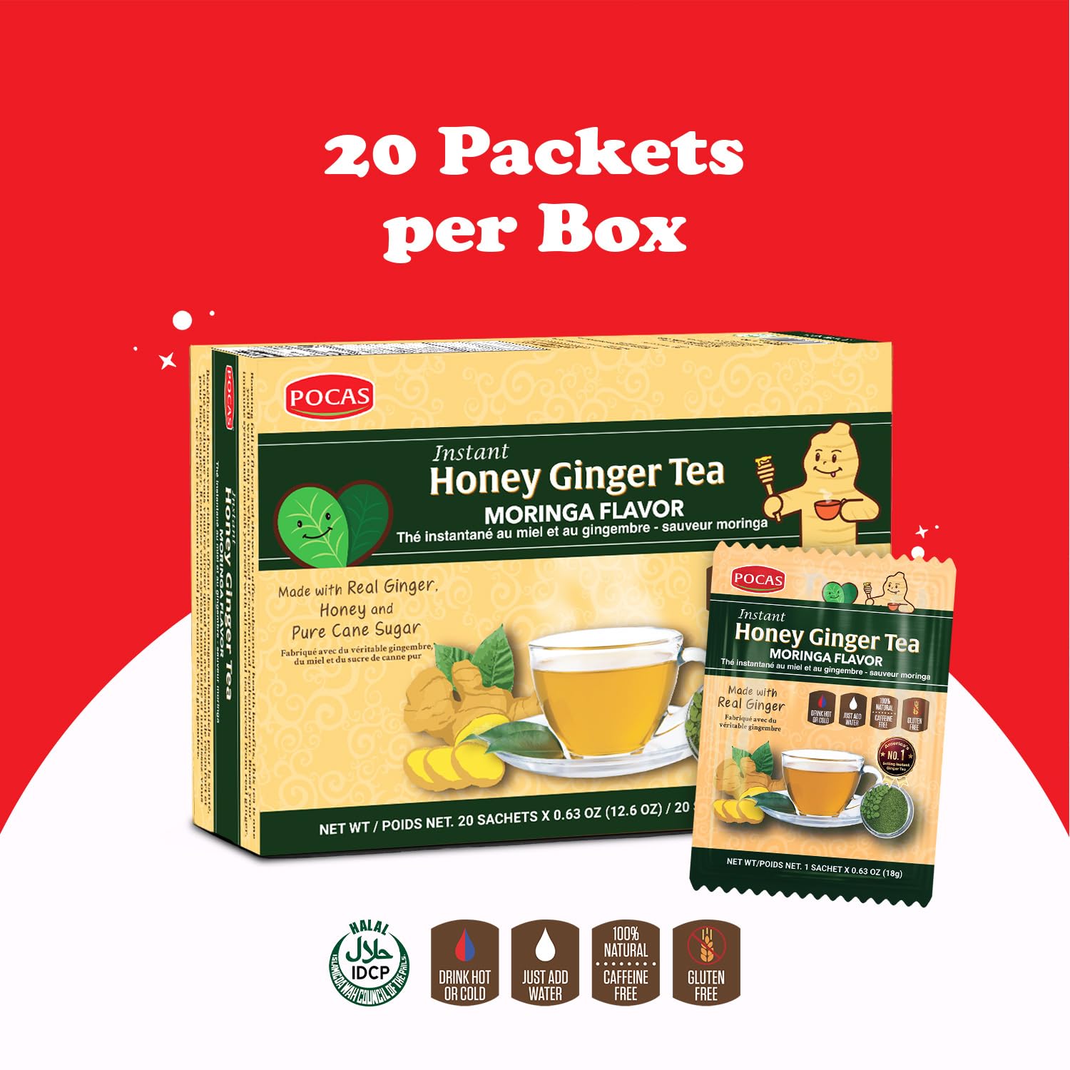 Pocas Honey Ginger Tea, Moringa Flavor, 2-Pack - Instant Tea Powder Packets with Real Ginger, Honey, and Pure Cane Sugar, Caffeine Free, 20 Count Ea