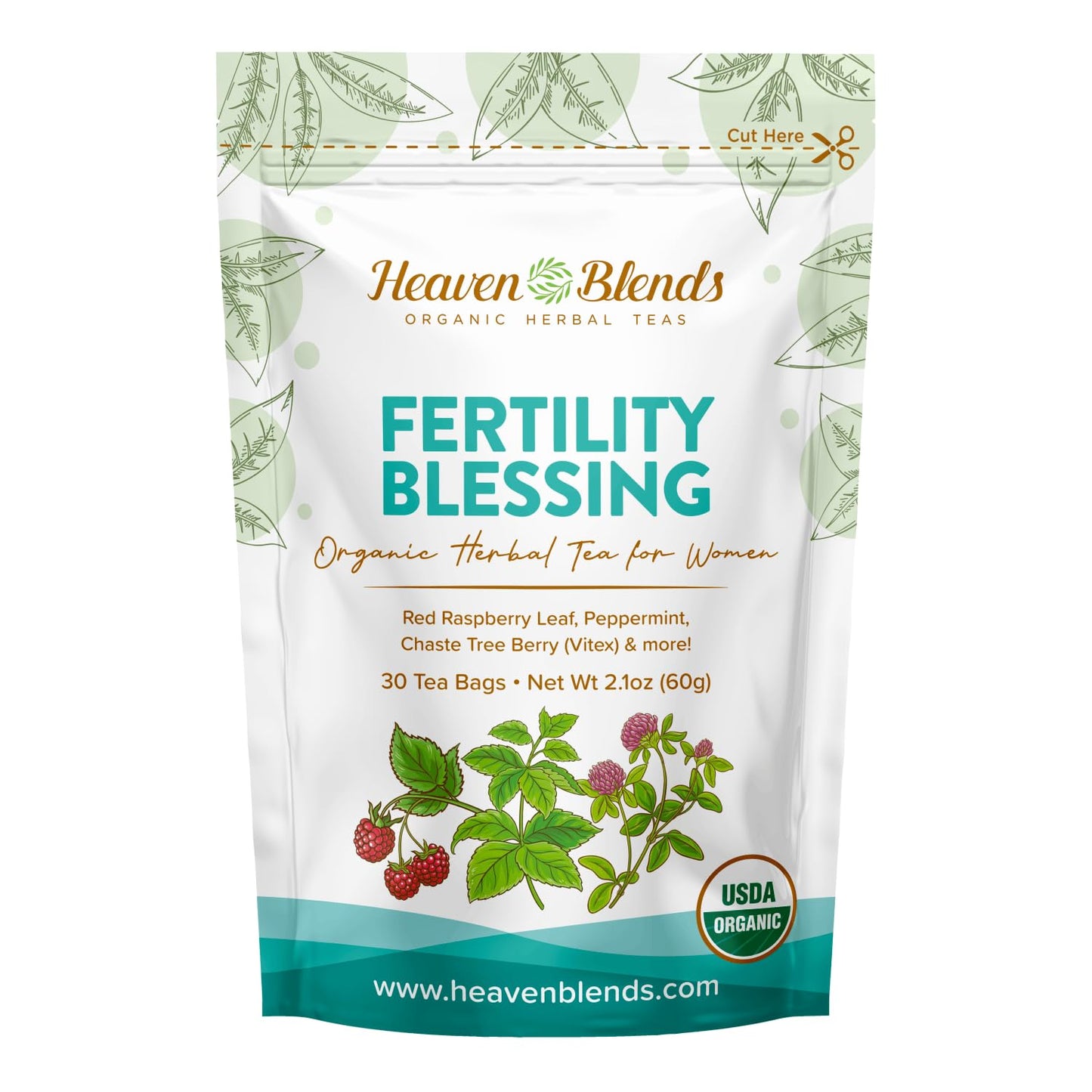 Heaven Blends Fertility Blessing Tea for Women - USDA Organic - Red Raspberry Leaf, Peppermint, Chaste Tree Berry (Vitex), Red Clover, Nettle