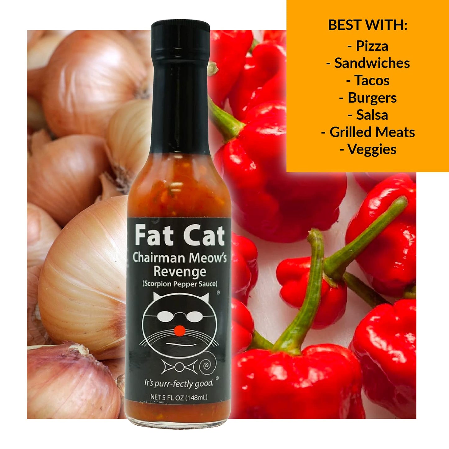 Chairman Meow's Revenge Scorpion Pepper Sauce by Fat Cat Gourmet | Strong & Savory | Great with Grilled Meats, Veggies, Tacos, Dips | Very Hot |