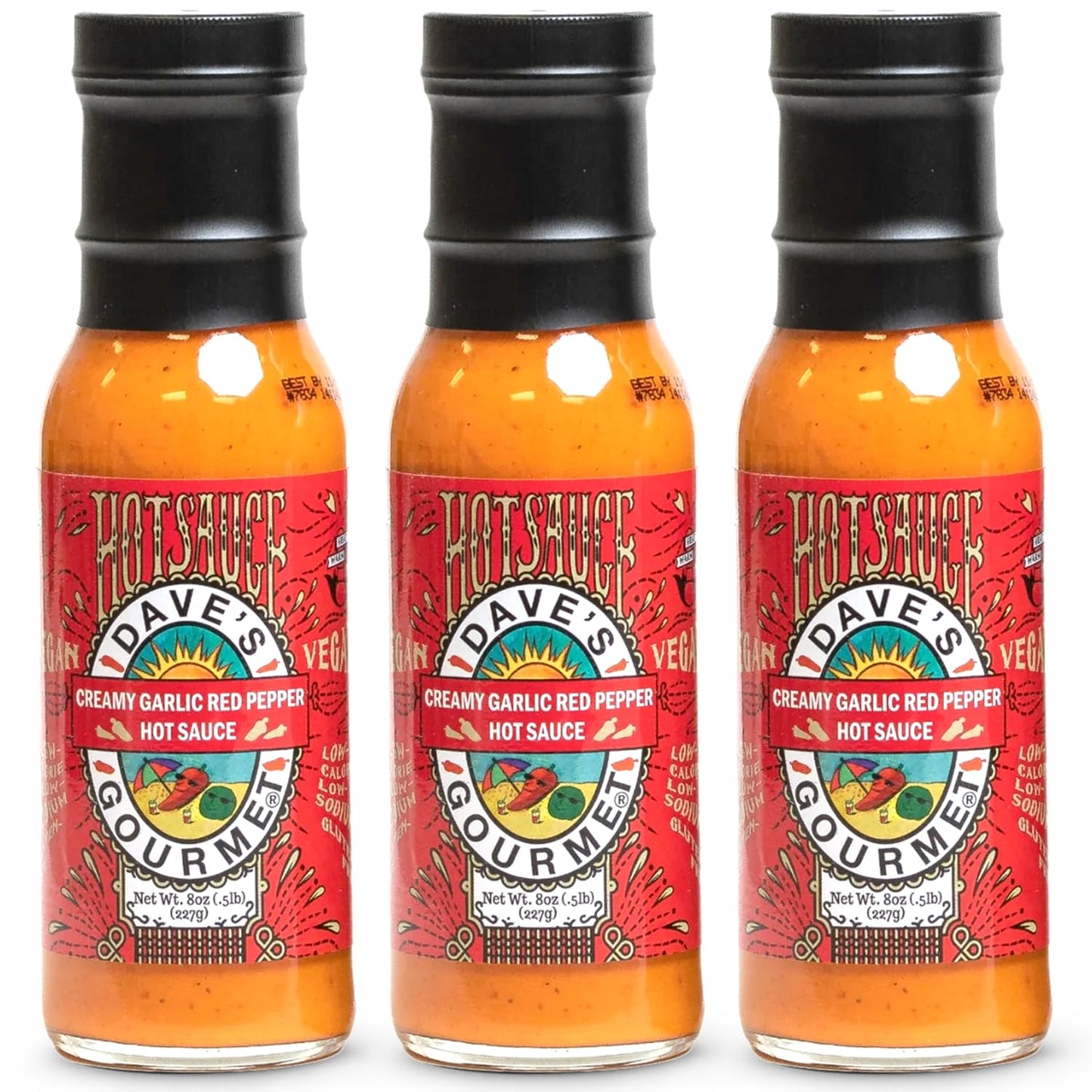 Dave's Gourmet Creamy Garlic Red Pepper Hot Sauce - Medium Heat - Perfect for Salads, Dipping, Tacos, Sandwiches & More - Vegan Sauce, Gluten-Free, No