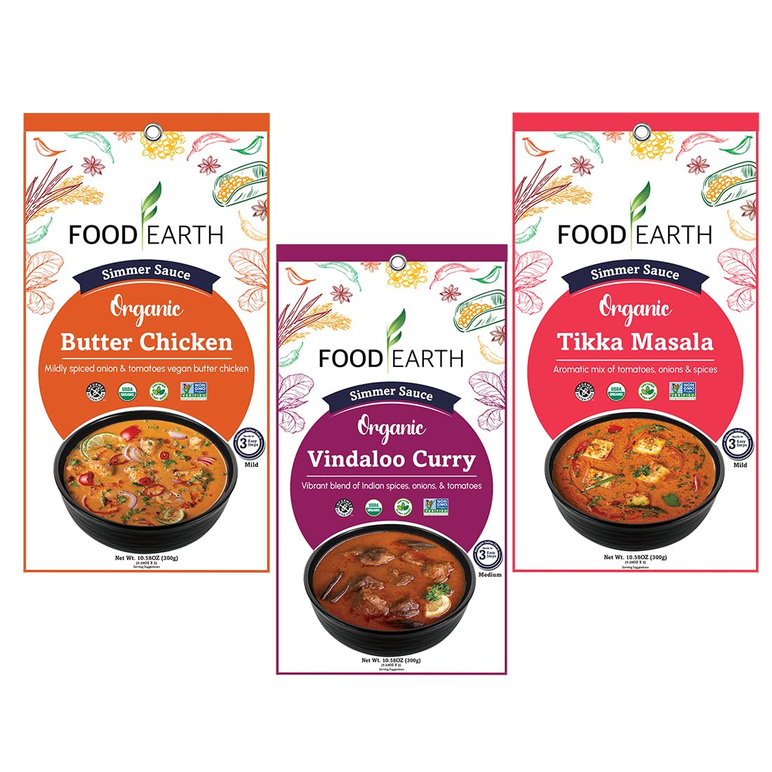 Food Earth Indian Simmer Sauce Trio - Vindaloo, Butter Chicken, Tikka Masala - Organic, Vegan, Gluten-Free, GMO-Free - 6 Prepackaged Pouches (5.29 oz