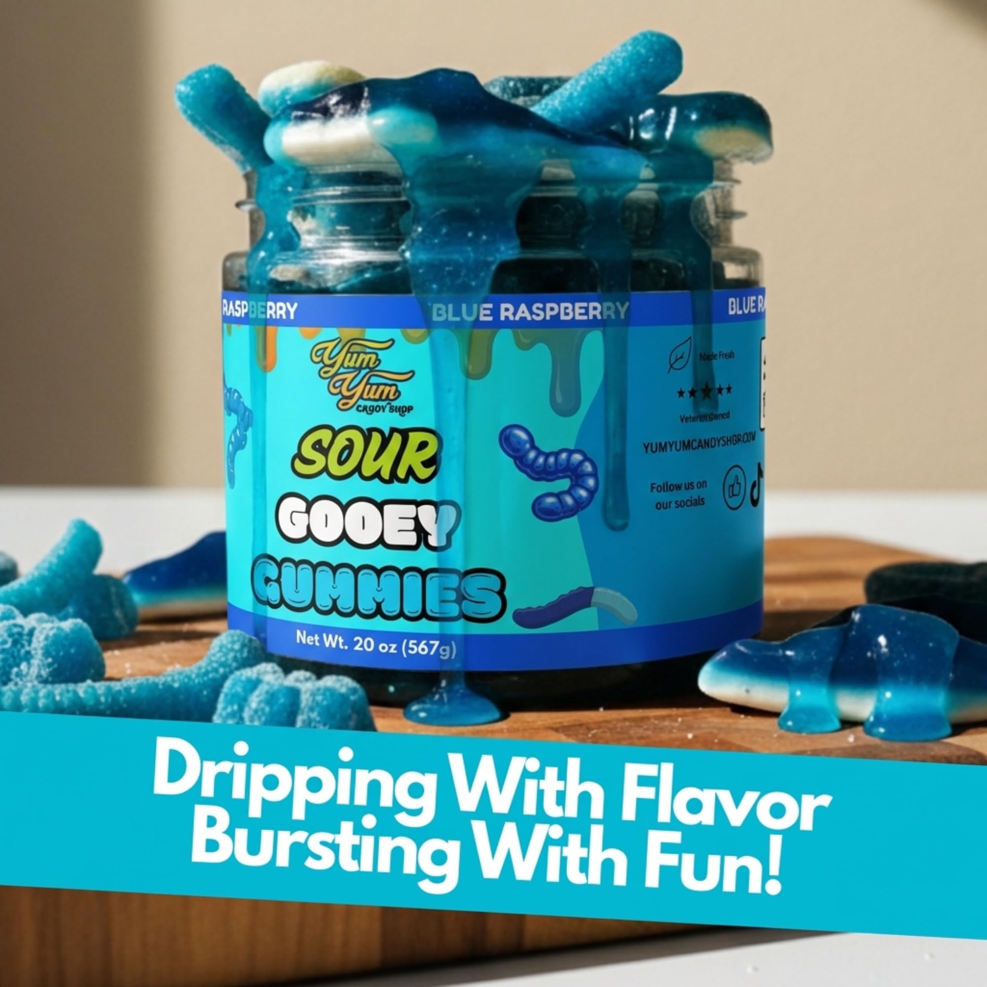 Sour Gooey Gummies, Sour Blue Raspberry Candy, Gummy Candy Mix, Ooze Sticky Gummies, Liquid Chewy Sweet Treat Resealable Container