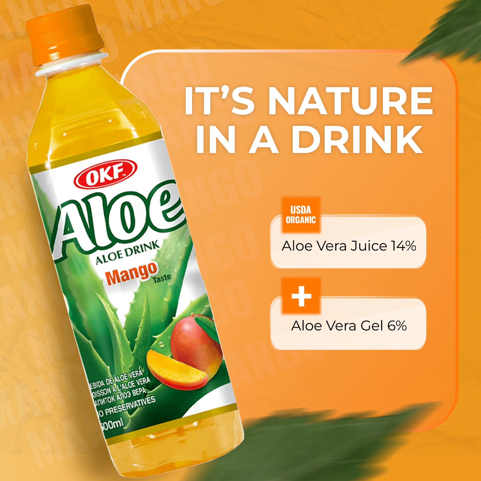 OKF Aloe Vera Drink Juice with Pure Aloe Pulp, Variety, 16.9 oz. (Mango, Pack of 20), Plant Based Drink, Korean drinks