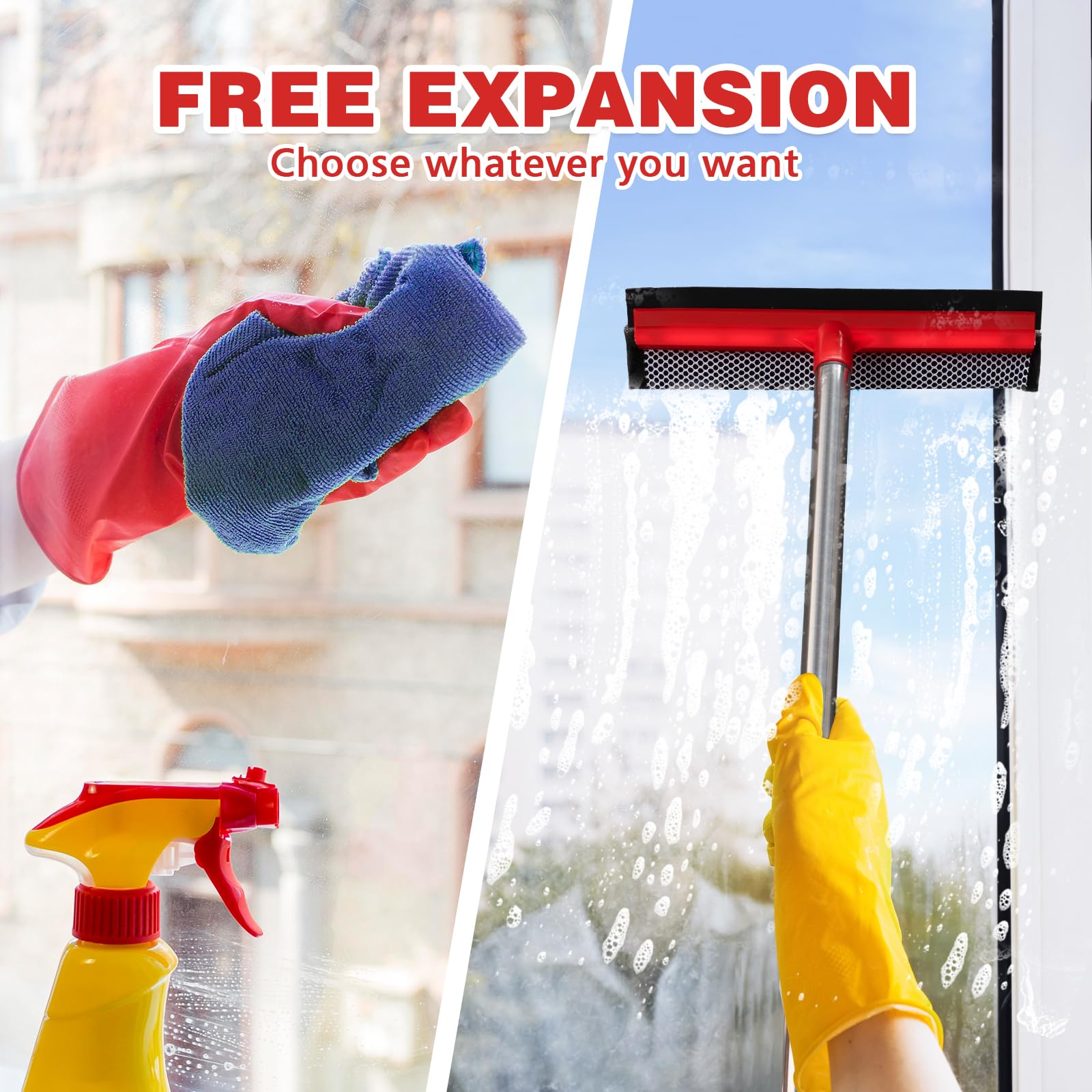 2 in 1 Standard Window Squeegee, Home Window Cleaner with 59" Poles,Washing Squeegee Suit for Glass Door Cleaner, Multi-Use Car Windshield Cleaning