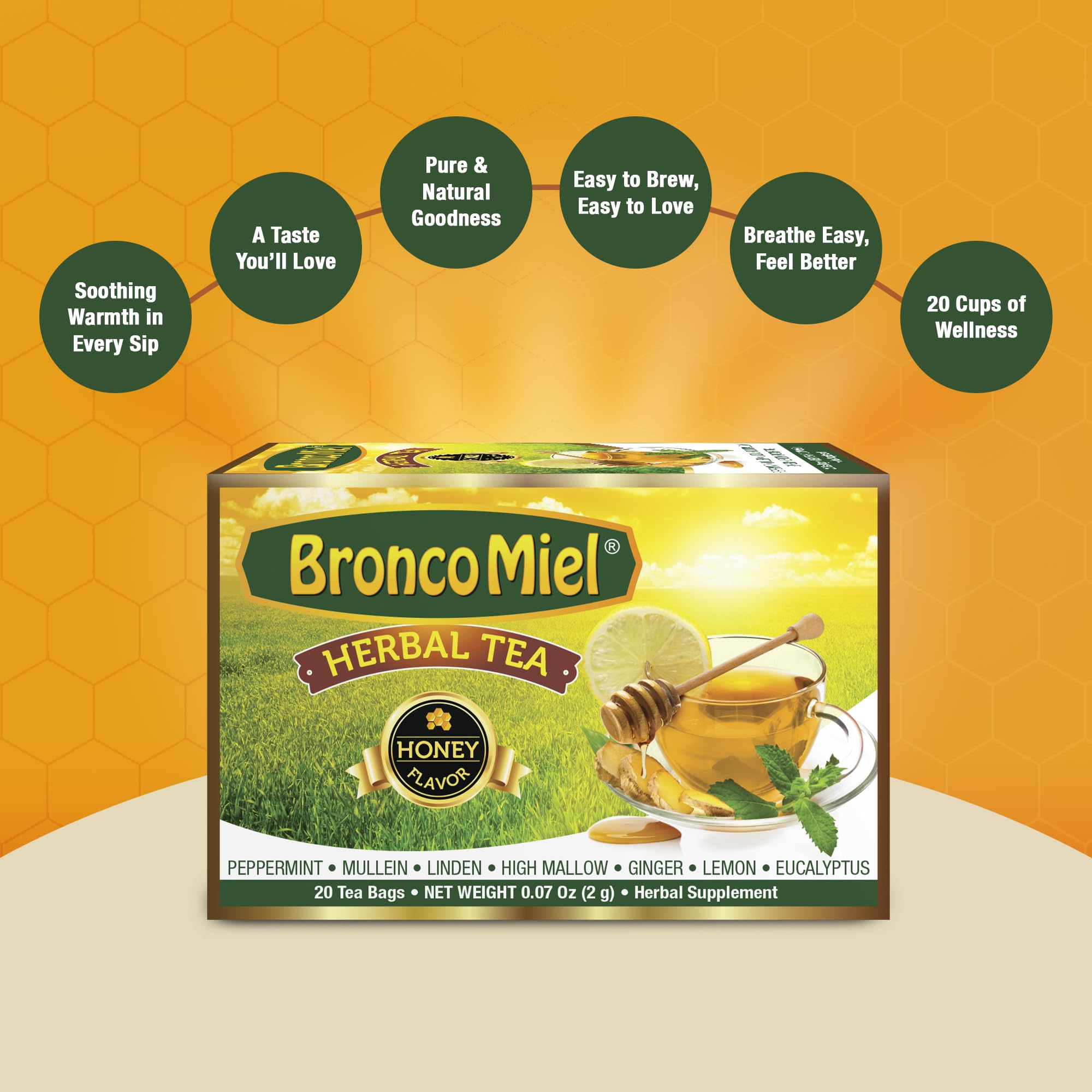 BRONCOMIEL Tea Bags - Honey Herbal Tea for Coughing and Soreness - Eucalyptus, Ginger and Lemon Tea - Sweet Honey Flavor - Easy to Prepare - Herbal