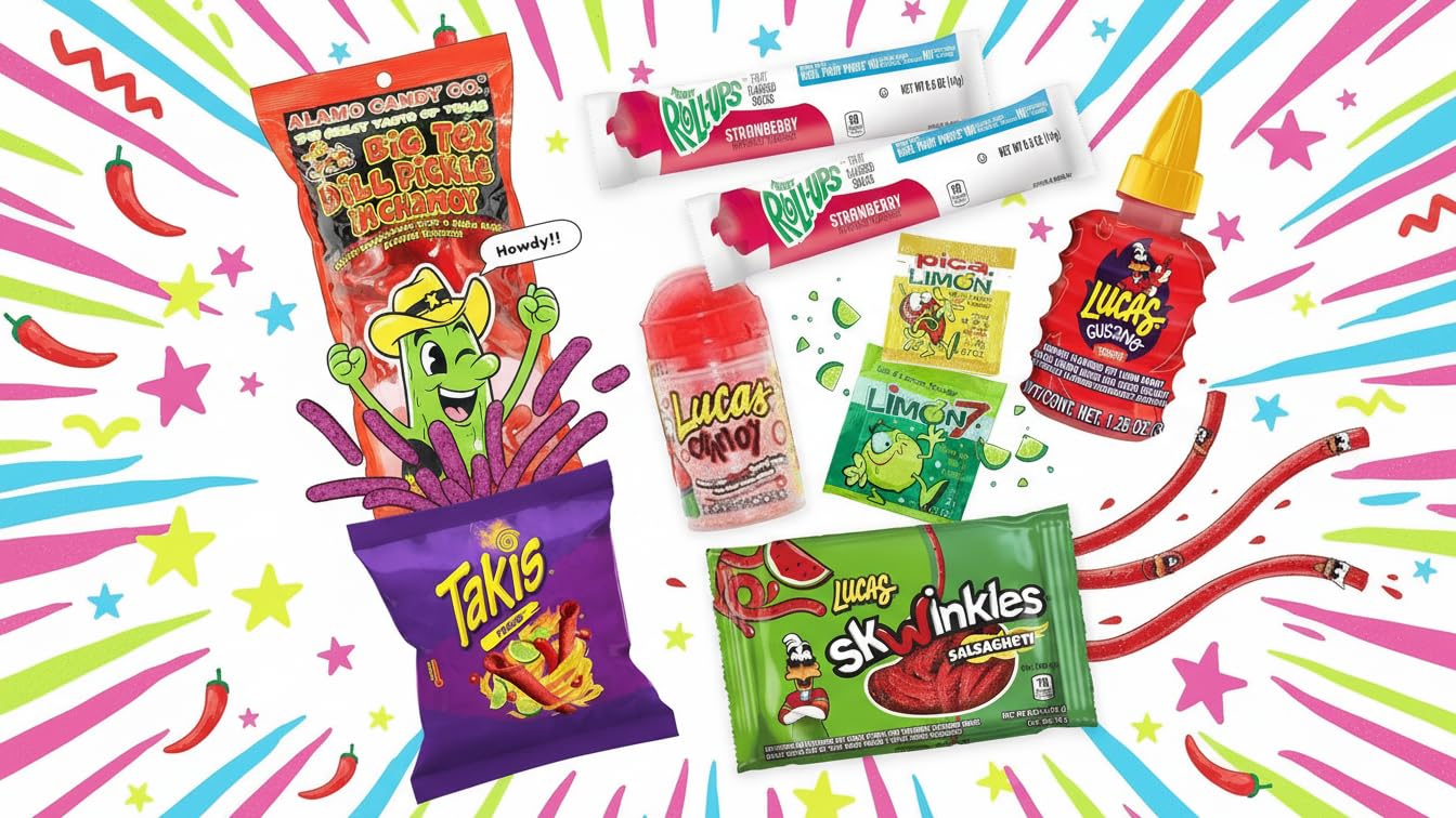 Chamoy Pickle Kit with Candy & Snacks Fruit Rolls, Chips, Lucas Gusano, Skwinkles, Salsagheti 12-Unit Kit