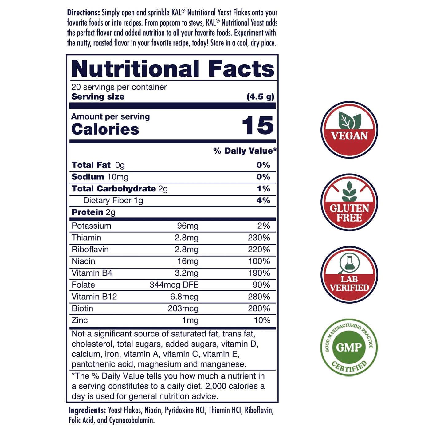 KAL Nutritional Yeast Flakes, Fortified with B12, Folic Acid & Other B Vitamins, Unsweetened, Great Nutty Flavor, Vegan & Gluten Free, 60-Day Money
