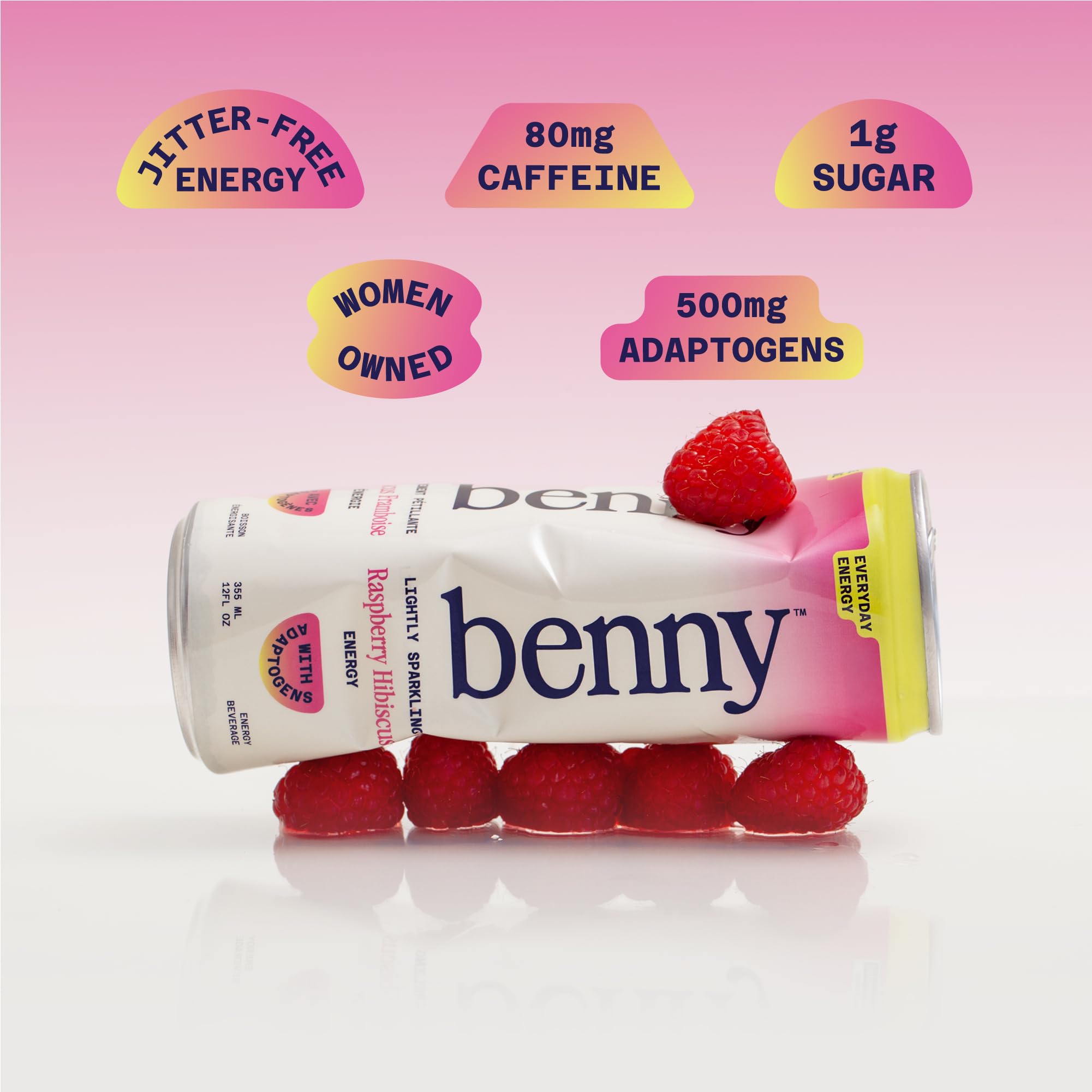 Benny Raspberry Hibiscus Sparkling Clean Energy Drink | 80mg Natural Caffeine Yerba Mate | Lion's Mane & Ginseng | 1g Sugar, 5 Calories | No